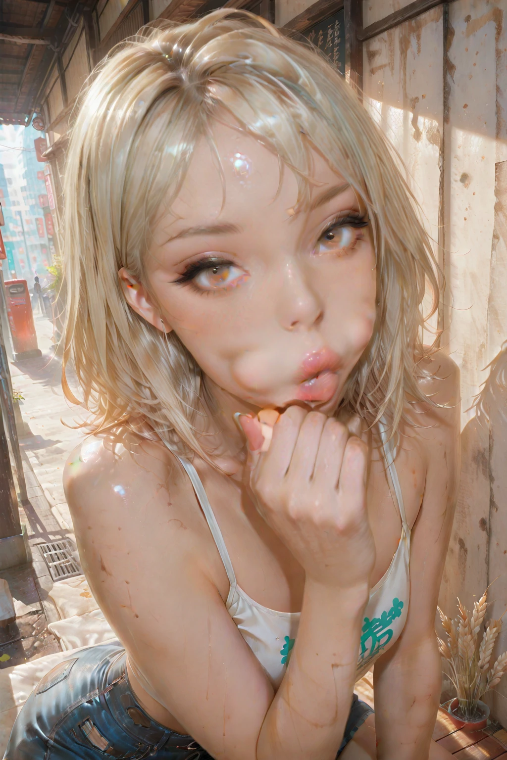 Billie Eilish completely naked showing her entire wet body ((masturbating)), ((riding a huge rubber penis inserted inside the vagina)), on the sidewalk of a street with people, ((body skinny)), Fine body, soaked body, soaked body, sweaty body, ((Flat Breast)), sunshine light, lots of contrast on the body