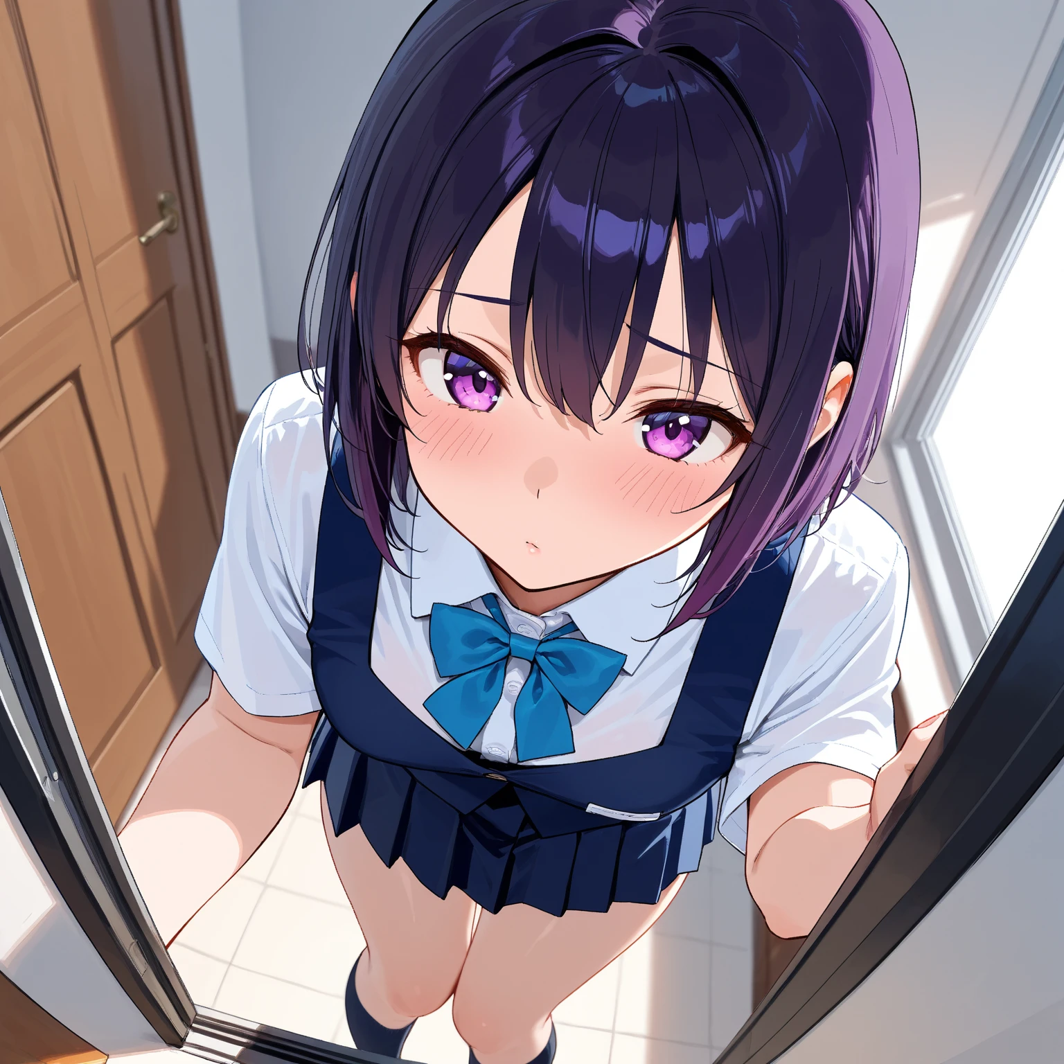 [anime styled],[official art],Tomomi_saikyou,black hair,Short hair,Hair Ribbon,classroom,desk,chair,NSFW,1girl in,(Portrait),close up,short torso,Perfect Lighting,nude,topless,(nipples),,anime screen cap,Flat color,cel shading,smile,, (underwear:1.2), (strong light)、((brighten the subject)),blush,oily skin,curby:1.2,(light white panties),sexy pose