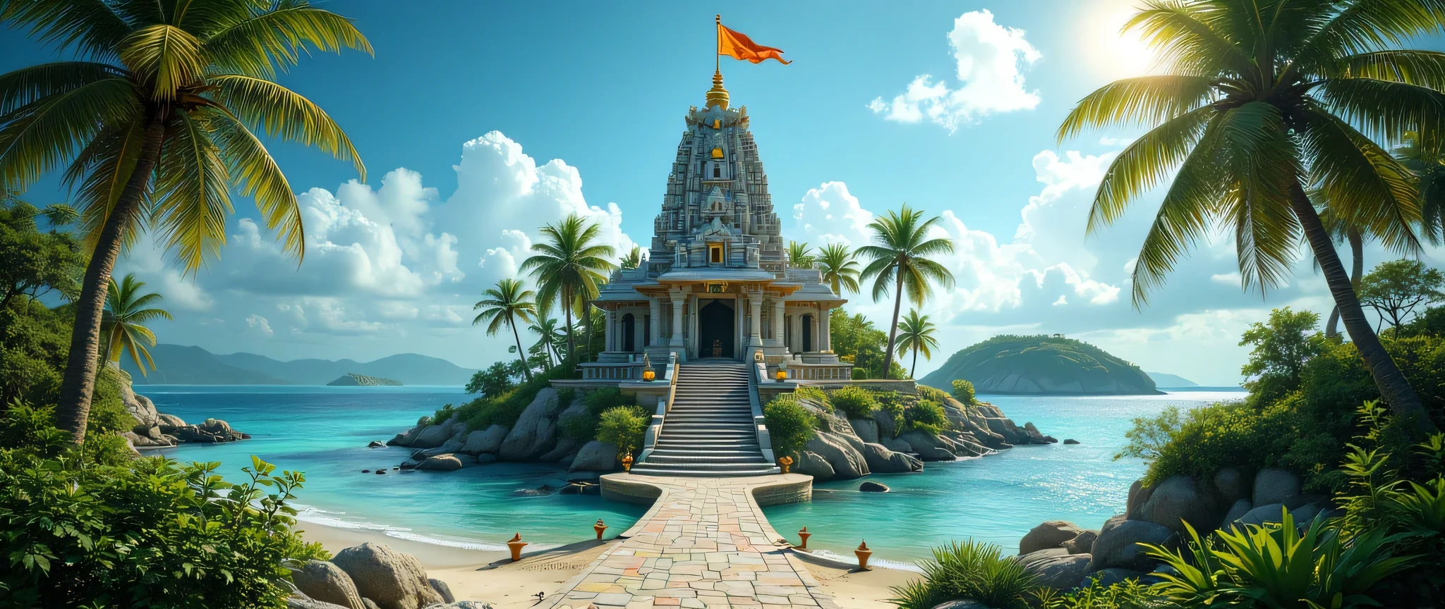 “An ultra-realistic cinematic photoshoot of a tropical island surrounded by turquoise blue waters and soft sandy beaches. At the heart of the island stands a magnificent Hindu temple, built in traditional South Indian style with intricate stone carvings, a tall gopuram, and detailed sculptures of gods and sacred symbols.
The temple is placed on an elevated hilltop, making it visible across the island, surrounded by lush green trees and rocky formations. A saffron flag flutters proudly at the top of the temple tower, glowing in the sunlight against the clear blue sky.
The temple radiates divinity and serenity, with stone steps leading up, oil lamps placed around, and colorful motifs carved into the walls. The atmosphere is cinematic and ultra-realistic, with dramatic lighting, sharp details, and a professional photoshoot aesthetic—capturing the beauty of the island, the temple, and the ocean horizon.”