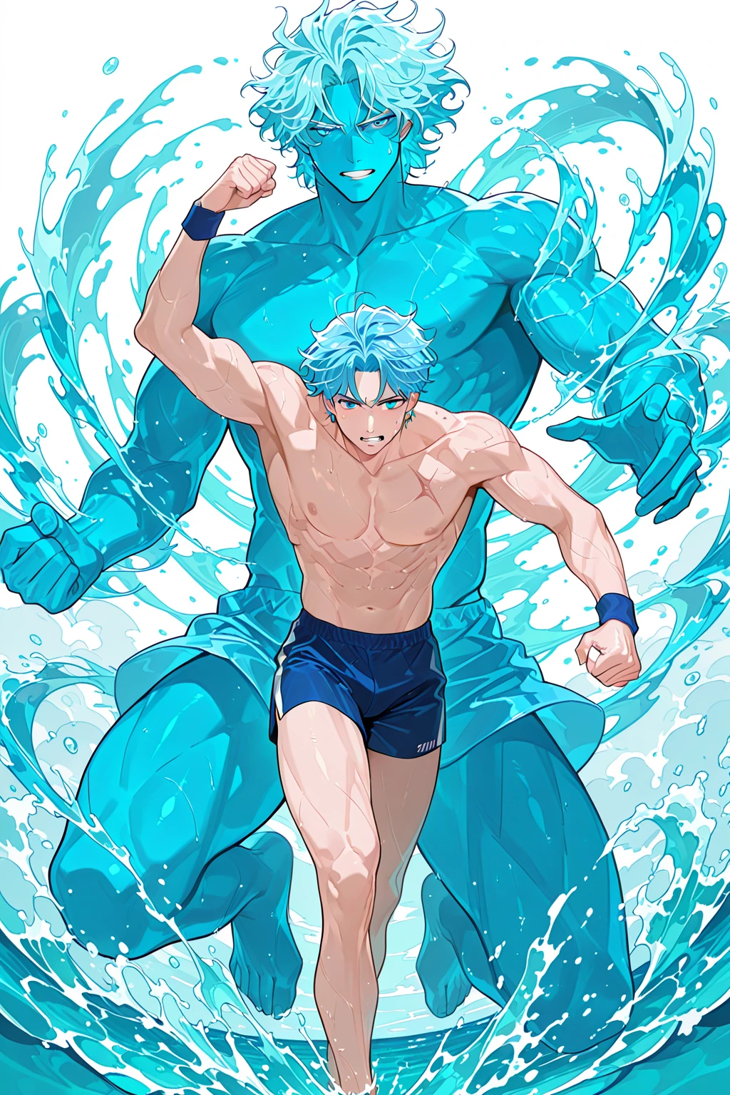 from behind, show your butt, butt up, Masterpiece, light blue sticky slime pool, highest quality, gay, yaoi, male, multiple slime boys, monster boy, slime boy, smiling face, blue slime, clear light blue slime body, Slime covered slime body, thick eyebrows, no whites, aquamarine eyes, clear light blue skin, gently melting jelly light blue skin, inhuman appearance, human slime, muscular blood vessels, male only, adult male, handsome, gay, yaoi, super muscular guy, bulging chest, excess muscle, giant trapeze, giant pectoral muscle, huge pectoral muscle, hyper pectoral muscle, huge biceps, huge broad Back muscles, big back muscles, huge buttocks, huge overdeveloped muscles, monster muscles, beefcake, 30 year old mature man, manly looking, manly hairstyle, short cropped light blue melting jelly head, dissolving Slime texture, mucus splashes, large splashes, latex swimming briefs, (outline of lid, swelling of underwear), suspenders, under chest belt, chest belt, chest harness, garter belt, water bottle hanging around waist, life jacket , a lifeguard, a beach inspector, a yellow latex sleeveless rash guard, Light blue slime-like transparent sun visor, a red life jacket, and a small white whistle around your neck. Swimming goggles, lying on a bed of slime, multiple light blue slime-like aquatic animals,