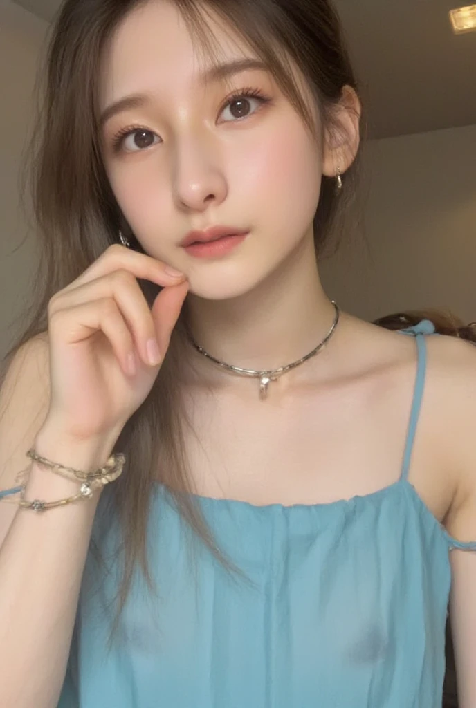 There was a woman with a teddy bear on her shirt, 🤤 girl portrait, pale fair skin!!, 16 female models, very very low quality, 19-year-old girl, ulzzangs, extremely pale, reluvy5213, fluffy chest, Underarms, girl cute-fine face, wearing a cute top