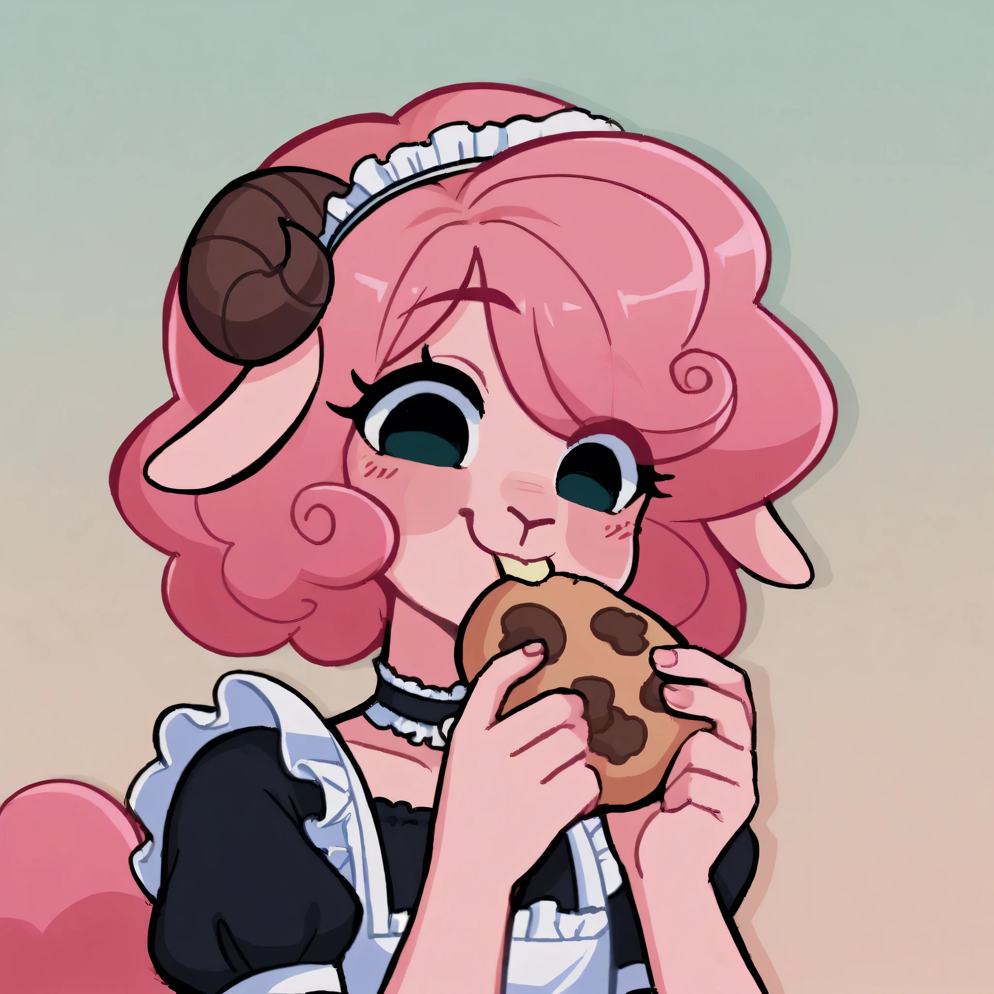 better quality, very detailed illustration ( Anthropomorphic furry sheep:1,7) , femboy, ruffled voluminous bouncy hair , delgado, ideal body, simple drawing, Artifyber style , pastel flat colors , beautiful, cartoon ,solo,baker, short curly pink hair, maid clothes, frilly apron, a smile, fluffy curly tail, sheep ears, bell collar, ram horns, eating cookie, front view