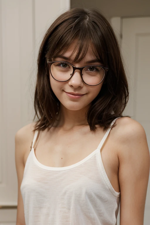 best quality，surface focus，look directly at the audience，soft light，（depth of field），ultra high resolution，（Realism：1.4），original photo，Big breasts，White clothes，open navel，bare shoulders，through bangs，Long ponytail hairstyle，Gray black hair and green hair, Good-looking hair accessories，red glasses，Red Half-rimmed Glasses，huge ，（sportswear：1.4），（from the front）1 girl，solo，Lovely，（Shy，Smile，（light green eyes），Detailed beautiful fac