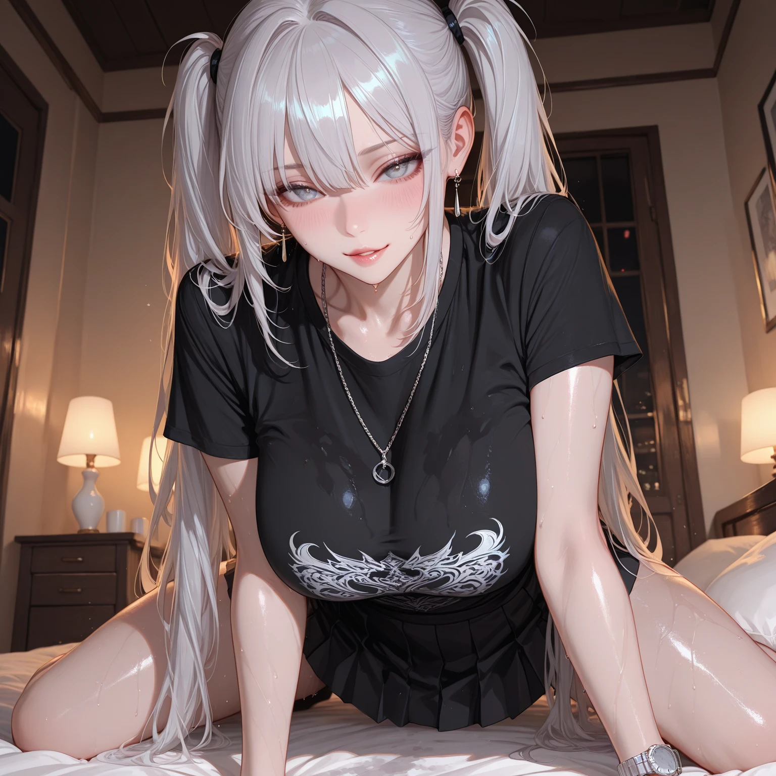 Married Woman、Madame、mother、Voluptuous body、Plump thighs、Teardrop、ponytail、Best image quality、High resolution、masterpiece、super high quality、Spread your legs wide、Showing her boobs、Super big 、Spread your legs、Grey bra、Grey panties、Very big ass、Butt shooting、Cowboy Shot、Low - Angle、Blushing、4K quality、No clothes、Big Ass、Zoom in on the lower body、wearing black knee socks、Pubic hair growing、My crotch is wet with love juice、Shooting from below、Flushed cheeks、Large Breasts、Lying in bed、Shy face、shy face、It's tempting me、Fingering her panties