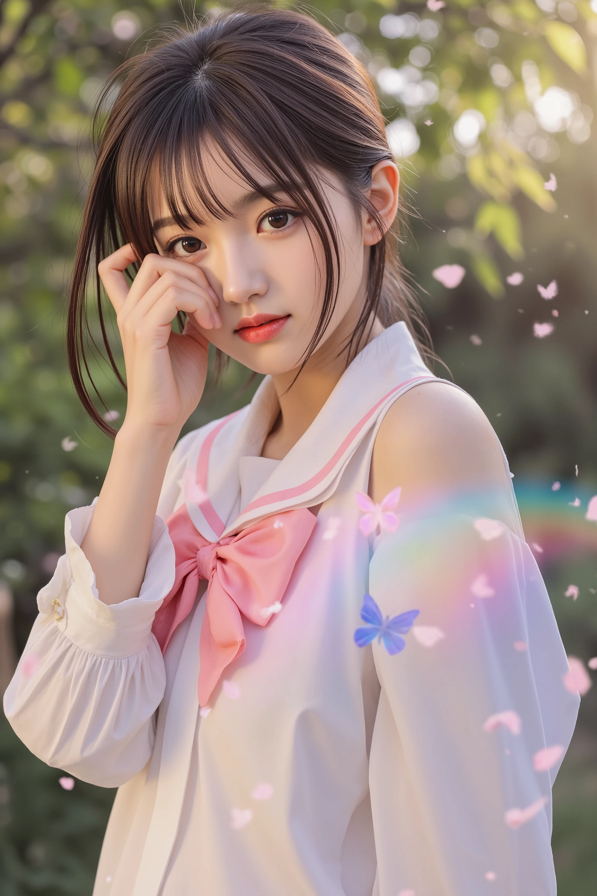 Cardcaptor Sakura,magic from the palm, shines brightly,portrait,Beautiful girl,big eyes,An elegant demeanor,butterfly々Feather , rainbow-colored light from heaven ,Delicate detail,8K,high resolution,masterpieces,photorealistic,Delicate skin,Vivid Colors,bokeh,Dreamy Atmosphere