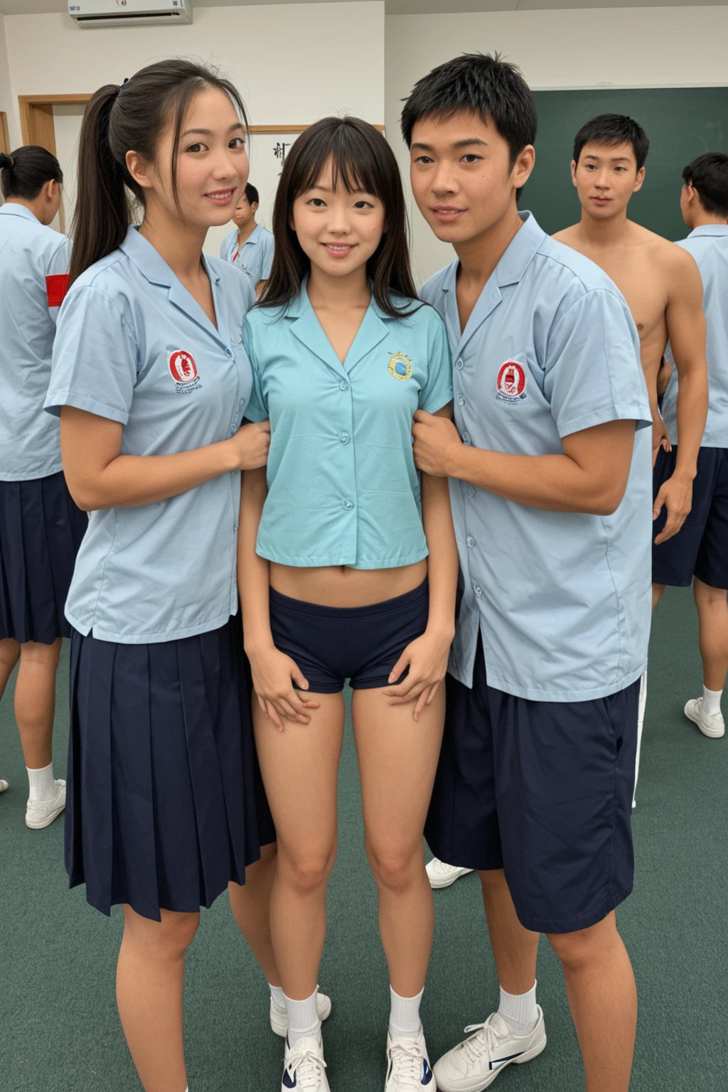 Online cameras,15-year-old girl, flat chest,sex friend,Group shot of boy and girl,slingshot swimsuit,smile shyly,Japanese summer school dress shirt,Real light,school build