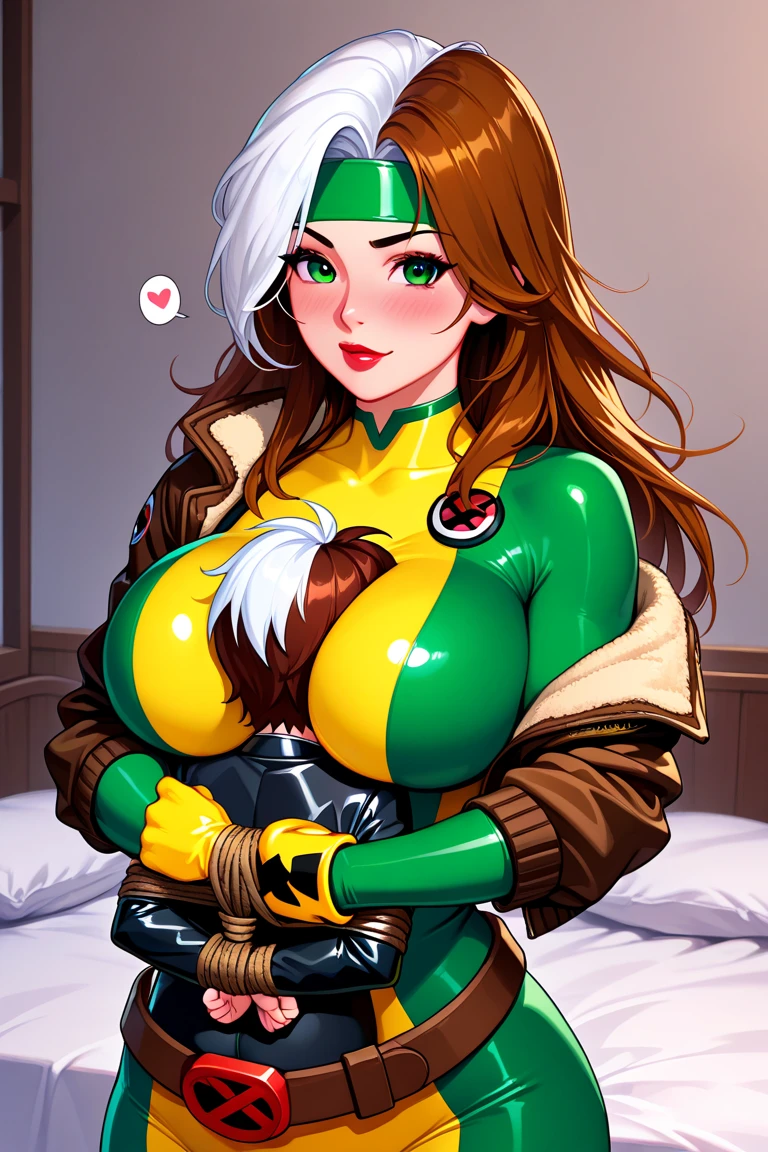 PonyXLV6_Scores BREAK (parody, perfect anatomy, perfect eyes, absurd resolution) <lora:add-detail-xl:1> BREAK  <lora:Rogue:0.7> anna marie, multicolored hair, two-tone hair, brown hair, white hair, green eyes, lipstick, flirting, raised eyebrow, ((looking at viewer)), bodysuit, gloves, belt, boots, large breasts, toned, athletic, curvy, sexually suggestive, on all fours, top down bottom up, ass up, 1male standing over her, faceless male, deepthroat, sloppy fellatio, oral, fellatio, :>=, saliva trail, saliva, lipstick marks, large penis, condom on penis, large testicles, clothed female nude male, pov, from above, indoors