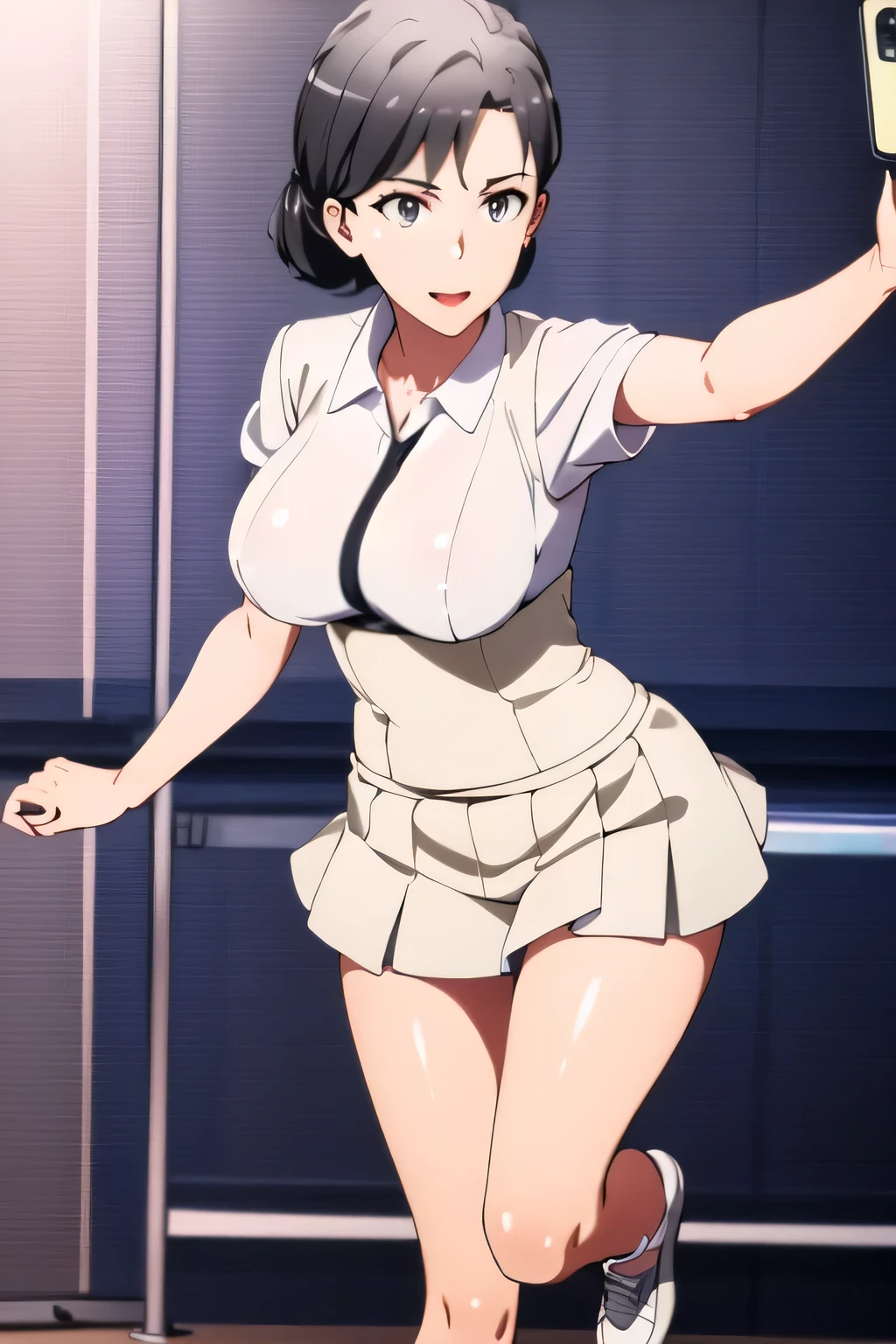 can you draw a woman who enjoys bowling in a bowling alley，Draw a woman enjoying a tennis bowling ball，smiling up and down in white tennis wear，white，white pleated miniskirt，Barefoot，Amazing thighs taking selfies in the mirror ，Beautiful legs，Sneakers，Can you draw one person on a tennis court with white huge breasts，With figure，Women with gentle smiles， dark-haired woman，Please draw more delicately，,表情を最優先するのでFaces are very importantトリミングしないでください，,，    Big black wavy hair, ,   BIG BREASTS, thin waist ， ,   ，Faces are very important，、,