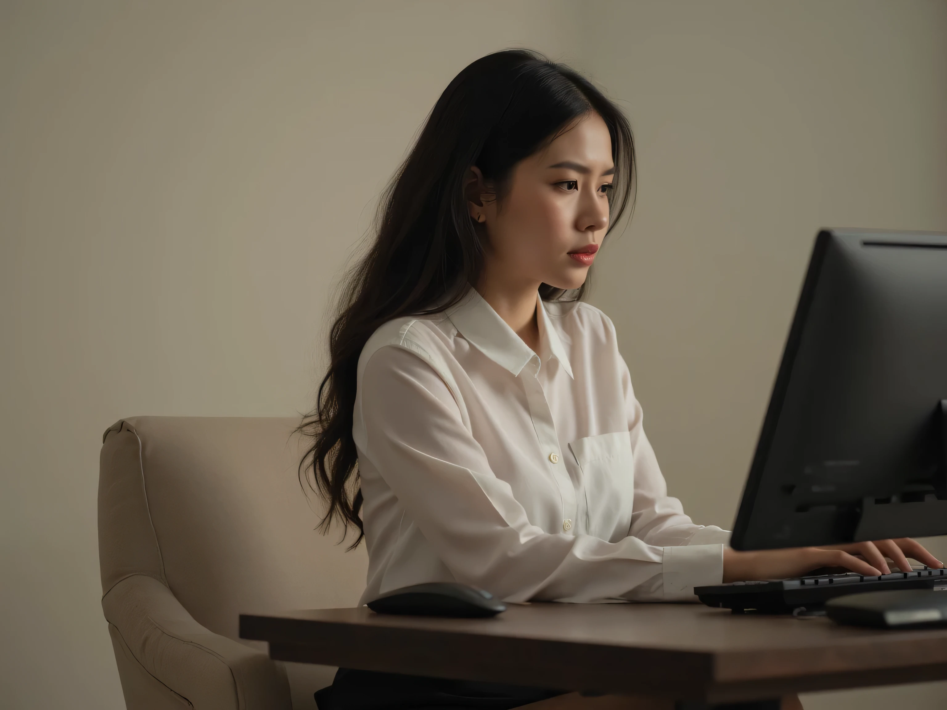 (best quality,masterpiece,high quality,highres,ultra detailed,photorealistic:1.3),(side view of a black hair woman sitting chair:1.2),beautiful face,(anguish:1.2),higher angle,computer screen,desk, clean plain wall background,wide shot, high-key lighting, front light, subtle shadows,minimalistic composition, natural warm colors