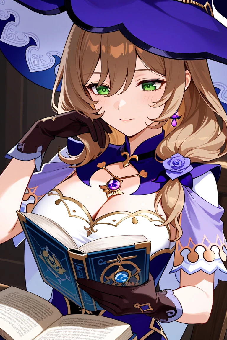 best quality, masterpiece, highres, solo, {lisa_genshin:1.15}, long_hair, green_eyes, bangs, brown_hair, flower, breasts, smile, hat, rose, cleavage, large_breasts, purple_flower, witch_hat, hair_between_eyes, purple_headwear, hair_ornament, jewelry, hair_flower, purple_rose, hat_flower, blush, 1girl, looking_at_viewer, witch, dress, parted_lips, simple_background, white_background, book, gloves, black_gloves, holding, holding_book