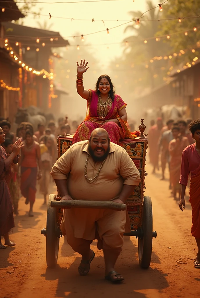 A very fat Indian woman is sitting in an rickshaw and a poor, thin Indian man is driving the rickshaw.