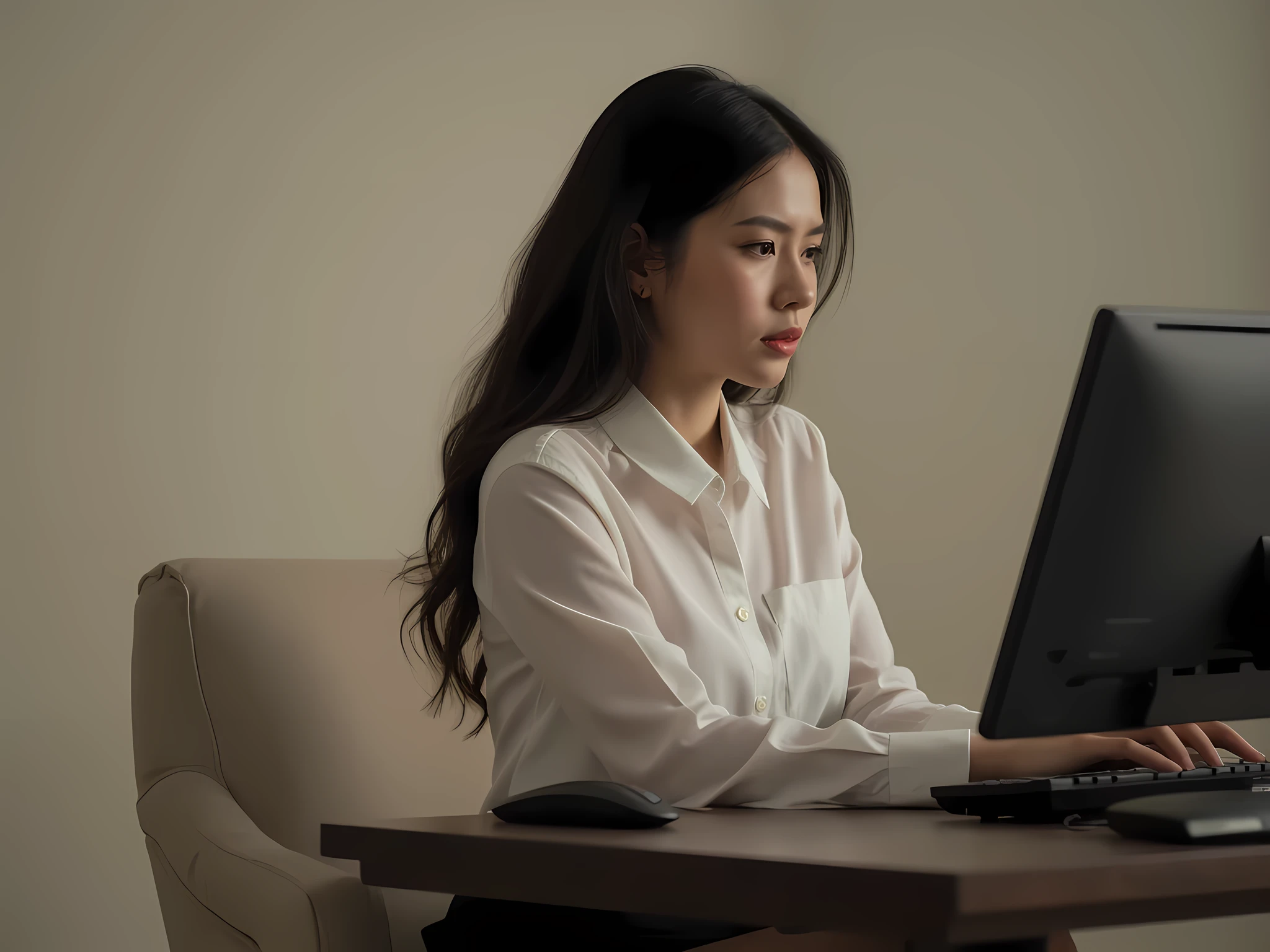 (best quality,masterpiece,high quality,highres,ultra detailed,photorealistic:1.3),(side view of a black hair woman sitting chair:1.2),beautiful face,(anguish:1.2),higher angle,computer screen,desk, clean plain wall background,wide shot, high-key lighting, front light, subtle shadows,minimalistic composition, natural warm colors