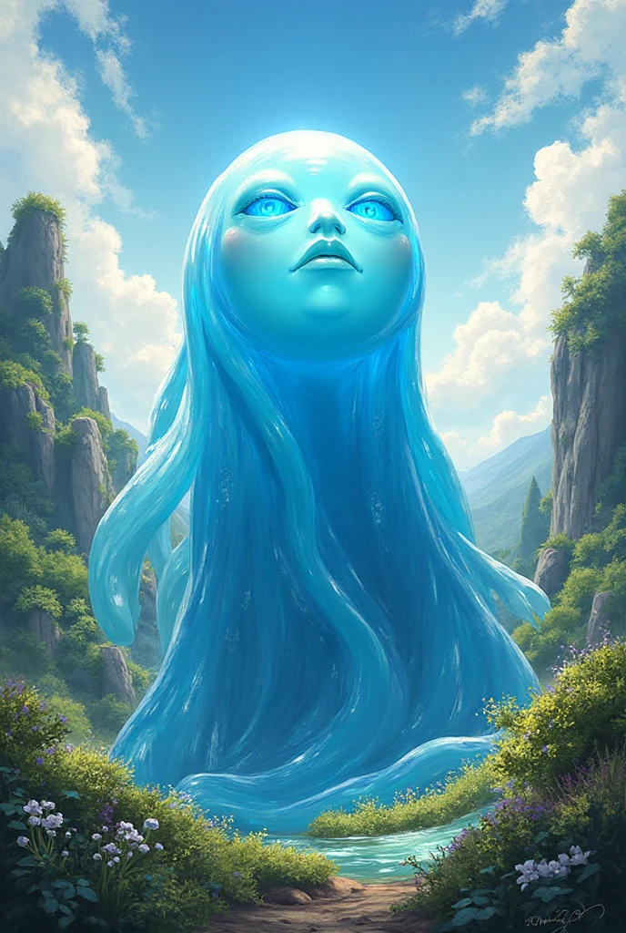 (masterpiece, best_quality, ultra-detailed, immaculate:1.3), epic, illustration, Magical floating islands with giant goddess watching over earth,1girl, solo, blue eyes, outdoors, sky, cloud, water, armor, glowing, colored skin, cloudy sky, staff, glowing eyes, rock, mountain, blue skin <lora:ral-mytfrst-sdxl:0.8> ral-mytfrst , fantasy, glowing, glowing eyes, fantasy landscape, floating islands, falling waterfalls, <lora:Particles_Style_SDXL:0.8> ais-particlez <lora:LORA-XenoDetailer-v3:.4> <lora:guardian:0.9> guardian