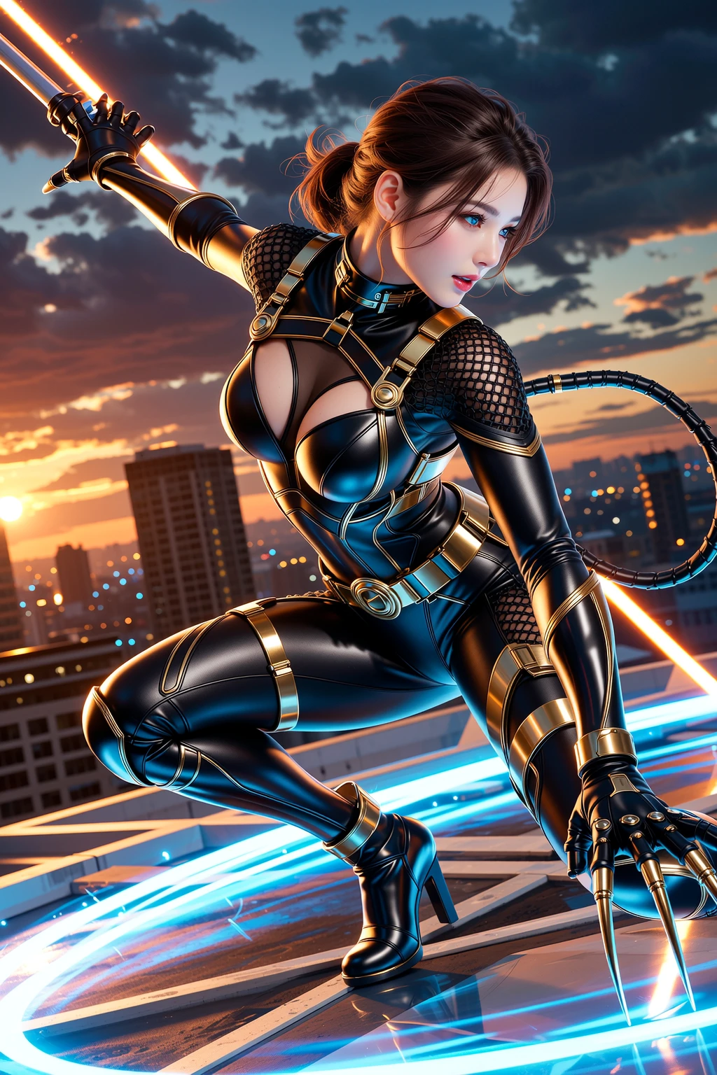 Ultra detailed digital art masterpiece, full body photo, beautiful gold spider girl swinging in night city, no mask, Tom Bagshaw, Anne Bachelier, mixed with dark elements, dark environment, gold spider suit without mask, no make up, natural face, ultra detailed atmospheric details, beautiful glowing effects, sparkle effects, realistic body proportions, complex masterpiece, beautiful wild hair style, complex physics, enhanced colors, complimentary colors, ultra detailed raytra