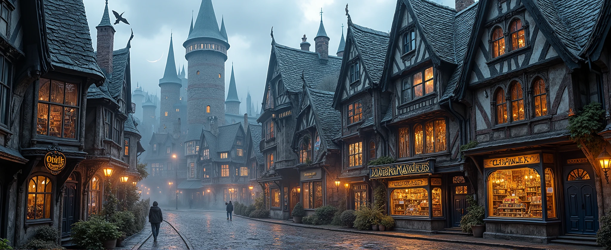 detailed architectural view, whimsical multi-story wizard shops leaning at impossible angles, Ollivanders with wands displayed in dusty windows, Flourish and Blotts bookshop with towering book stacks visible through windows, magical steam rising from cauldron shop, owls perching on crooked chimneys, enchanted signs glowing in twilight