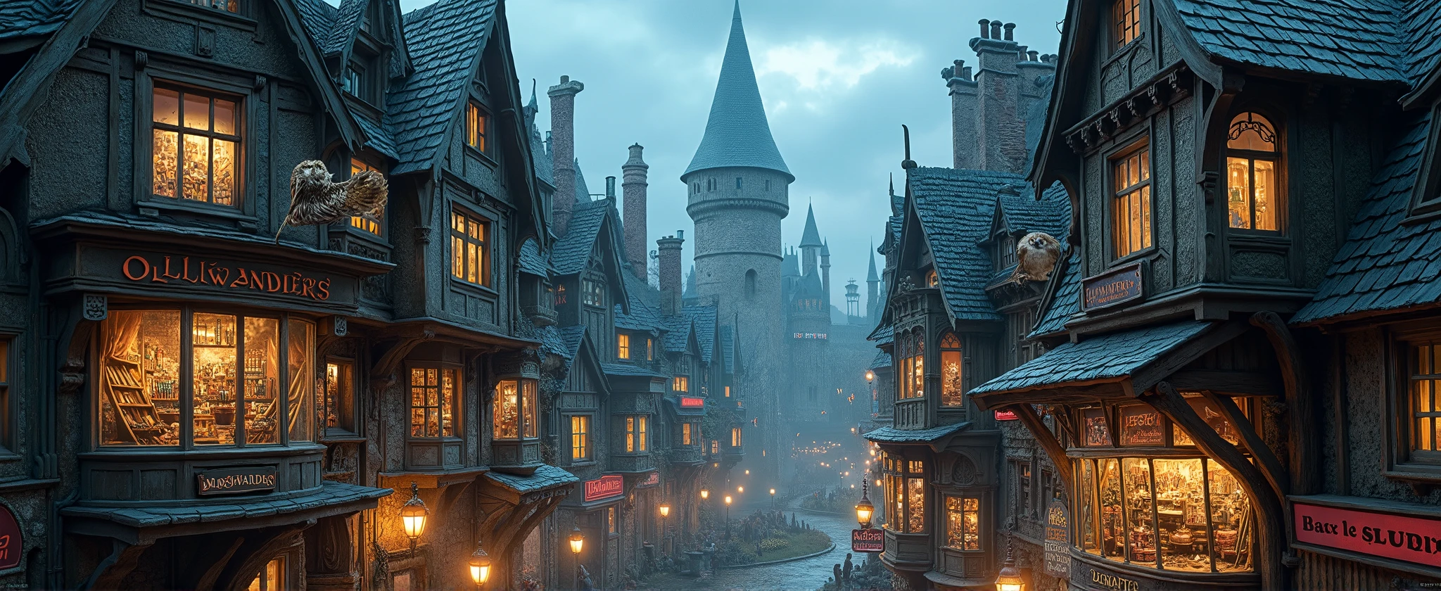 detailed architectural view, whimsical multi-story wizard shops leaning at impossible angles, Ollivanders with wands displayed in dusty windows, Flourish and Blotts bookshop with towering book stacks visible through windows, magical steam rising from cauldron shop, owls perching on crooked chimneys, enchanted signs glowing in twilight