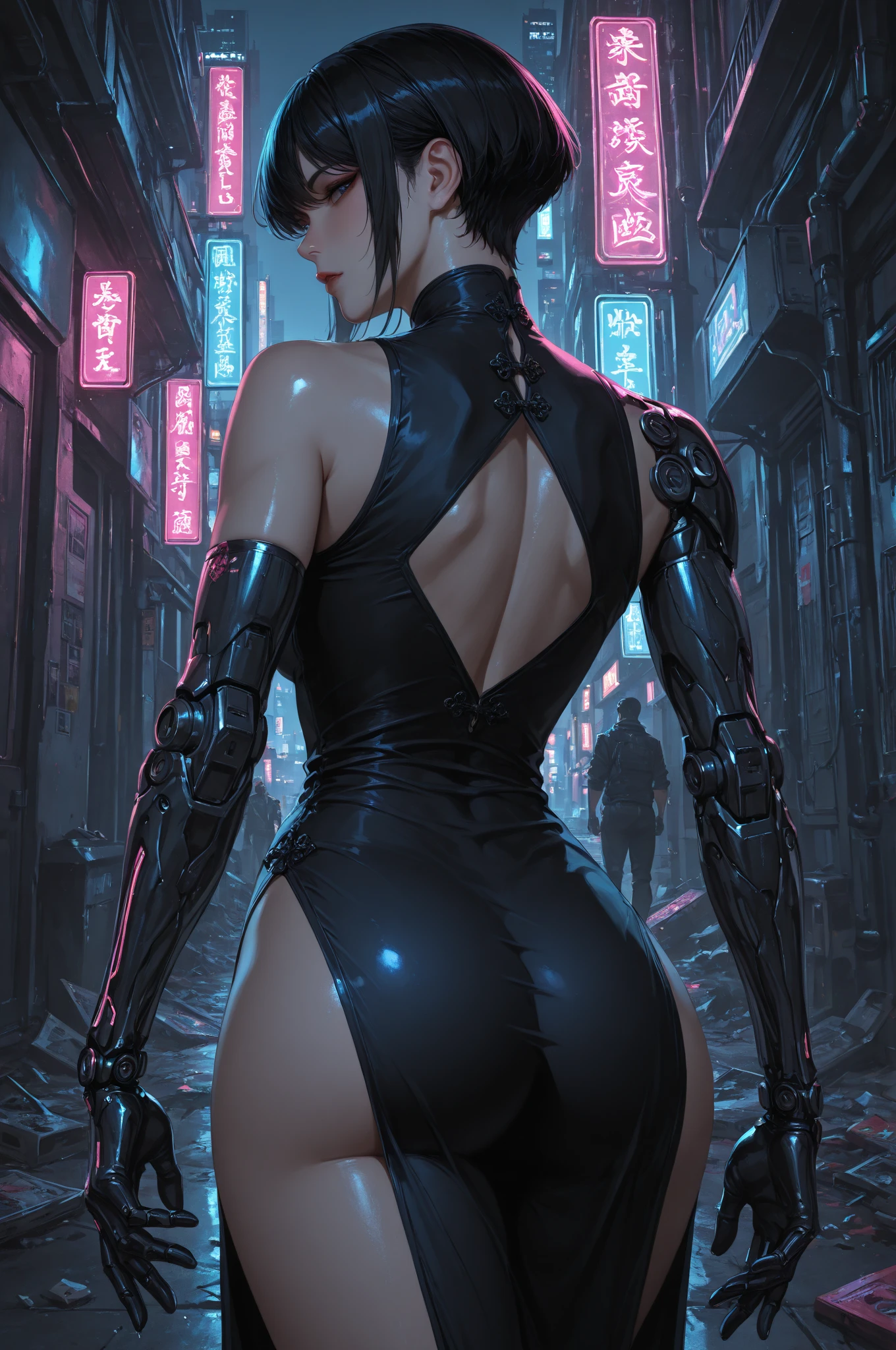 Neon noir <lora:StelBldEveXL:.8>stelbldeve woman, facing viewer . Cyberpunk, dark, rainy streets, neon signs, high contrast, low light, vibrant, highly detailed
