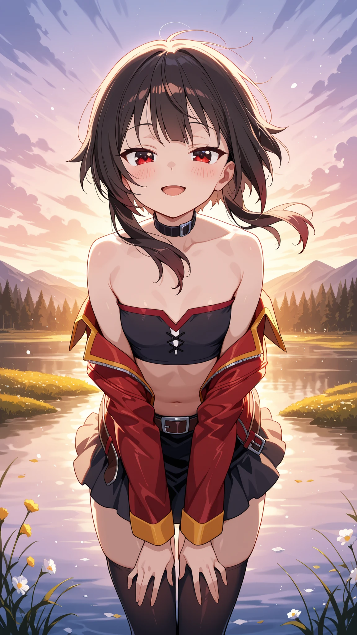 BREAK (masterpiece:1.2), best quality, high resolution, unity 8k wallpaper, (illustration:0.8), (beautiful detailed eyes:1.6),majestic alpine lake at sunrise, perfectly still water reflecting snow-covered mountains and pine forests, low mist drifting above the water’s surface, soft morning light painting the scene in pastel pink and gold, wildflowers and rocks along the shore, pure untouched nature, tranquil and cinematic, highly detailed landscape with natural textures, no peoplemegumin, short hair, black hair, red eyes, short hair with long locks,thighhighs,belt, black thighhighs,red leather jacket,open jacket,black short top,frilled mini skirt,black skirt,black chocker,strapless top,blush,looking at viewer,cowboy shot,alluring body curves, seductive expression,floating hair,smile,open mouth,bent over,bare shoulder,