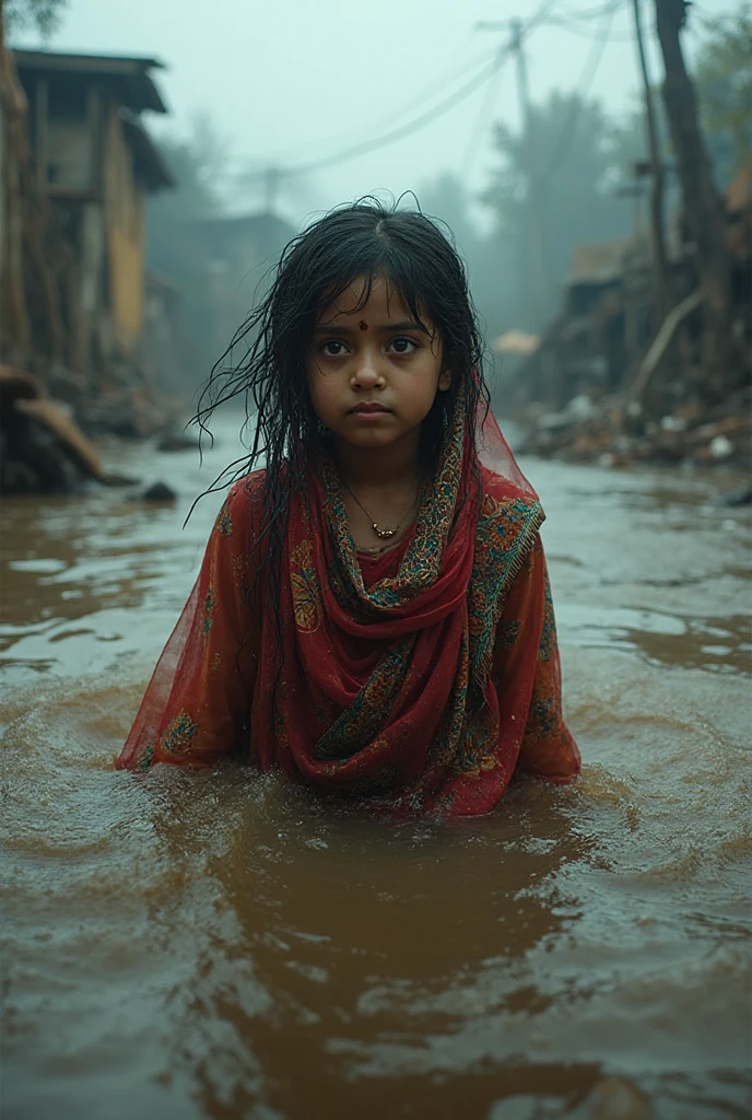 An indian little miserable kid sinking down in the flood.