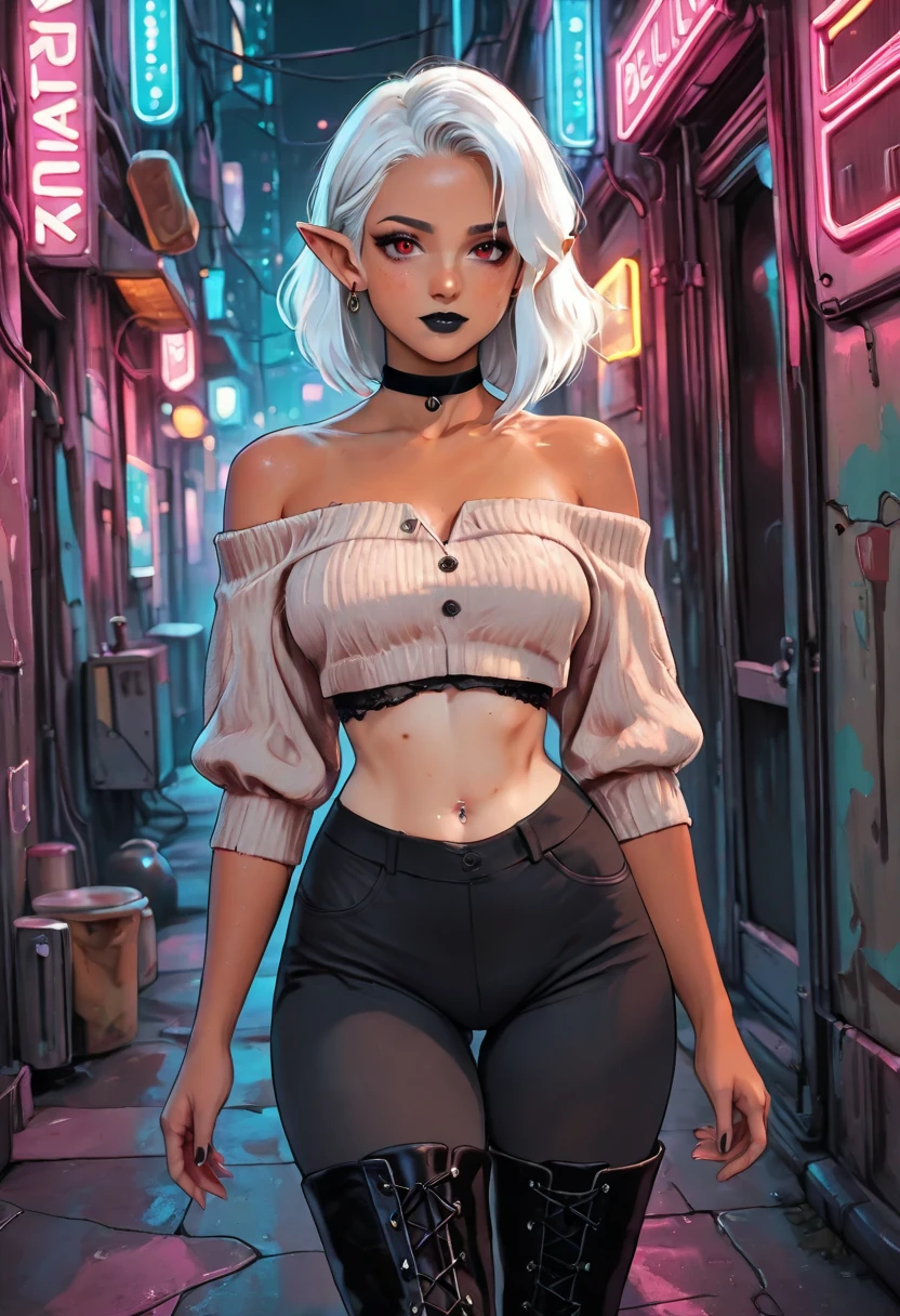 masterpiece, best quality, dark elf, elf ears, earring, tan skin colors, freckles, white hair, medium hair, red eyes, black lips, black smoky makeup, beautiful face, beauty mark, medium , attractive body, casual look, cropped top, off-shoulder jacket, black choker, short, high-heeled boots, visible belly button, alluring glance, slender arms, black lace-up boots, confident expression, in cyberpunk city, futuristic, neon light, at the alley, cyberpunk fashionable attire, dutch angle, cowboy shot
