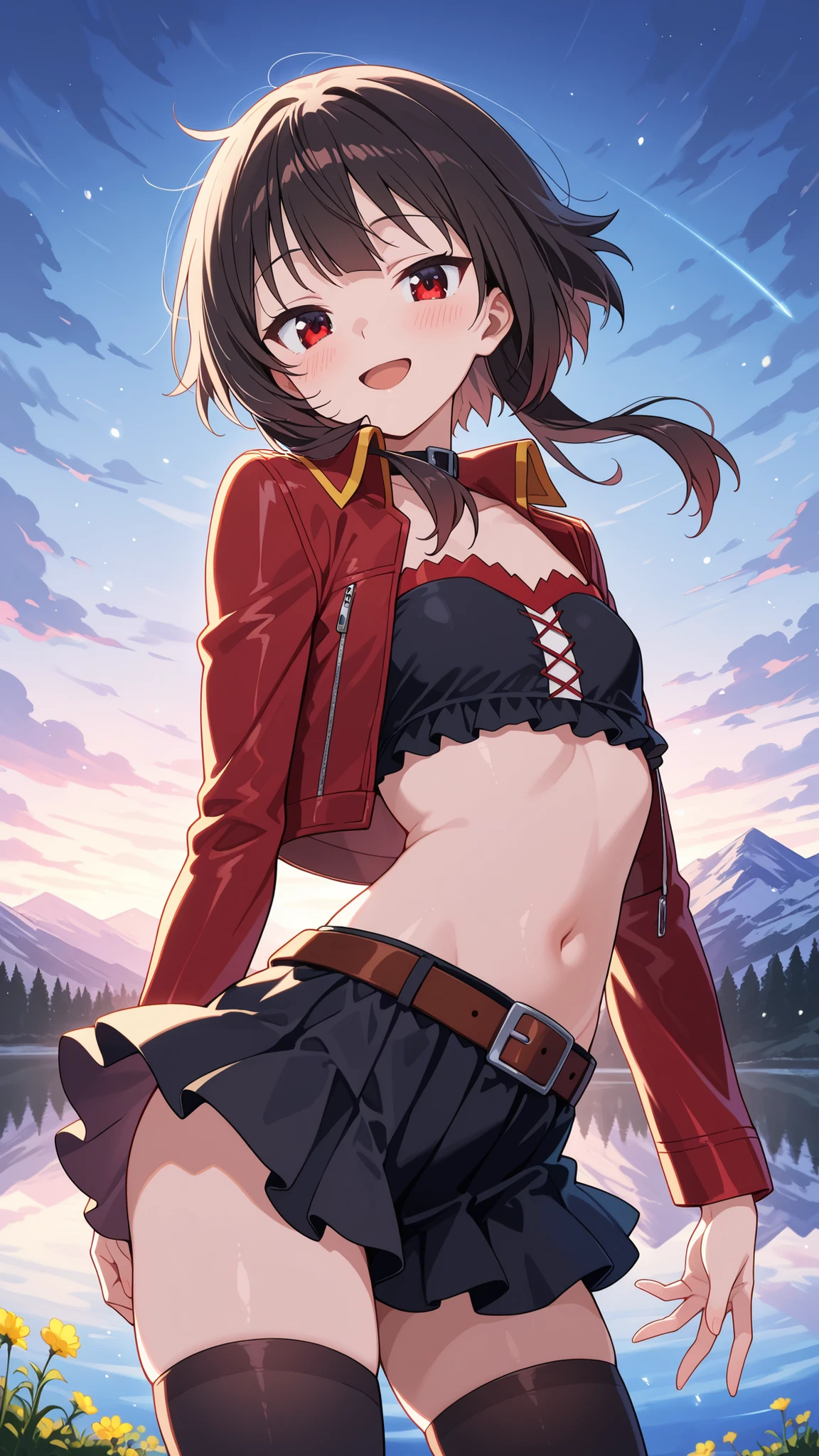 BREAK (masterpiece:1.2), best quality, high resolution, unity 8k wallpaper, (illustration:0.8), (beautiful detailed eyes:1.6),majestic alpine lake at sunrise, perfectly still water reflecting snow-covered mountains and pine forests, low mist drifting above the water’s surface, soft morning light painting the scene in pastel pink and gold, wildflowers and rocks along the shore, pure untouched nature, tranquil and cinematic, highly detailed landscape with natural textures, no peoplemegumin, short hair, black hair, red eyes, short hair with long locks,thighhighs,belt, black thighhighs,red leather jacket,open jacket,black short top,frilled mini skirt,black skirt,black chocker,strapless top,blush,looking at viewer,cowboy shot,alluring body curves, seductive expression,floating hair,smile,open mouth,arched back,from below,seductive pose,,