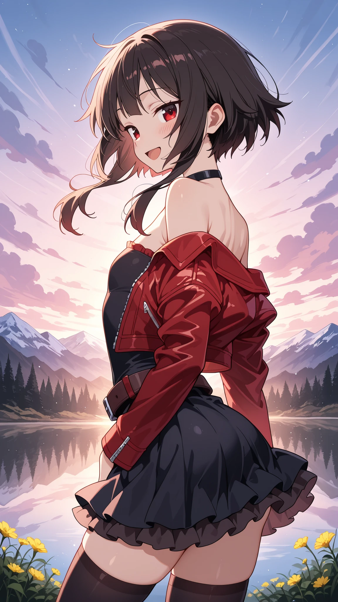 BREAK (masterpiece:1.2), best quality, high resolution, unity 8k wallpaper, (illustration:0.8), (beautiful detailed eyes:1.6),majestic alpine lake at sunrise, perfectly still water reflecting snow-covered mountains and pine forests, low mist drifting above the water’s surface, soft morning light painting the scene in pastel pink and gold, wildflowers and rocks along the shore, pure untouched nature, tranquil and cinematic, highly detailed landscape with natural textures, no peoplemegumin, short hair, black hair, red eyes, short hair with long locks,thighhighs,belt, black thighhighs,red leather jacket,open jacket,black short top,frilled mini skirt,black skirt,black chocker,strapless top,blush,looking at viewer,cowboy shot,alluring body curves, seductive expression,floating hair,smile,open mouth,arched back,from below,seductive pose,,