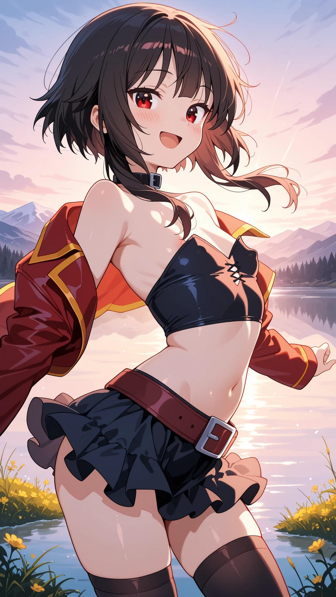 BREAK (masterpiece:1.2), best quality, high resolution, unity 8k wallpaper, (illustration:0.8), (beautiful detailed eyes:1.6),majestic alpine lake at sunrise, perfectly still water reflecting snow-covered mountains and pine forests, low mist drifting above the water’s surface, soft morning light painting the scene in pastel pink and gold, wildflowers and rocks along the shore, pure untouched nature, tranquil and cinematic, highly detailed landscape with natural textures, no peoplemegumin, short hair, black hair, red eyes, short hair with long locks,thighhighs,belt, black thighhighs,red leather jacket,open jacket,black short top,frilled mini skirt,black skirt,black chocker,strapless top,belly,blush,looking at viewer,cowboy shot,alluring body curves, seductive expression,floating hair,smile,open mouth,arched back,berely vissible nipples through clothes,