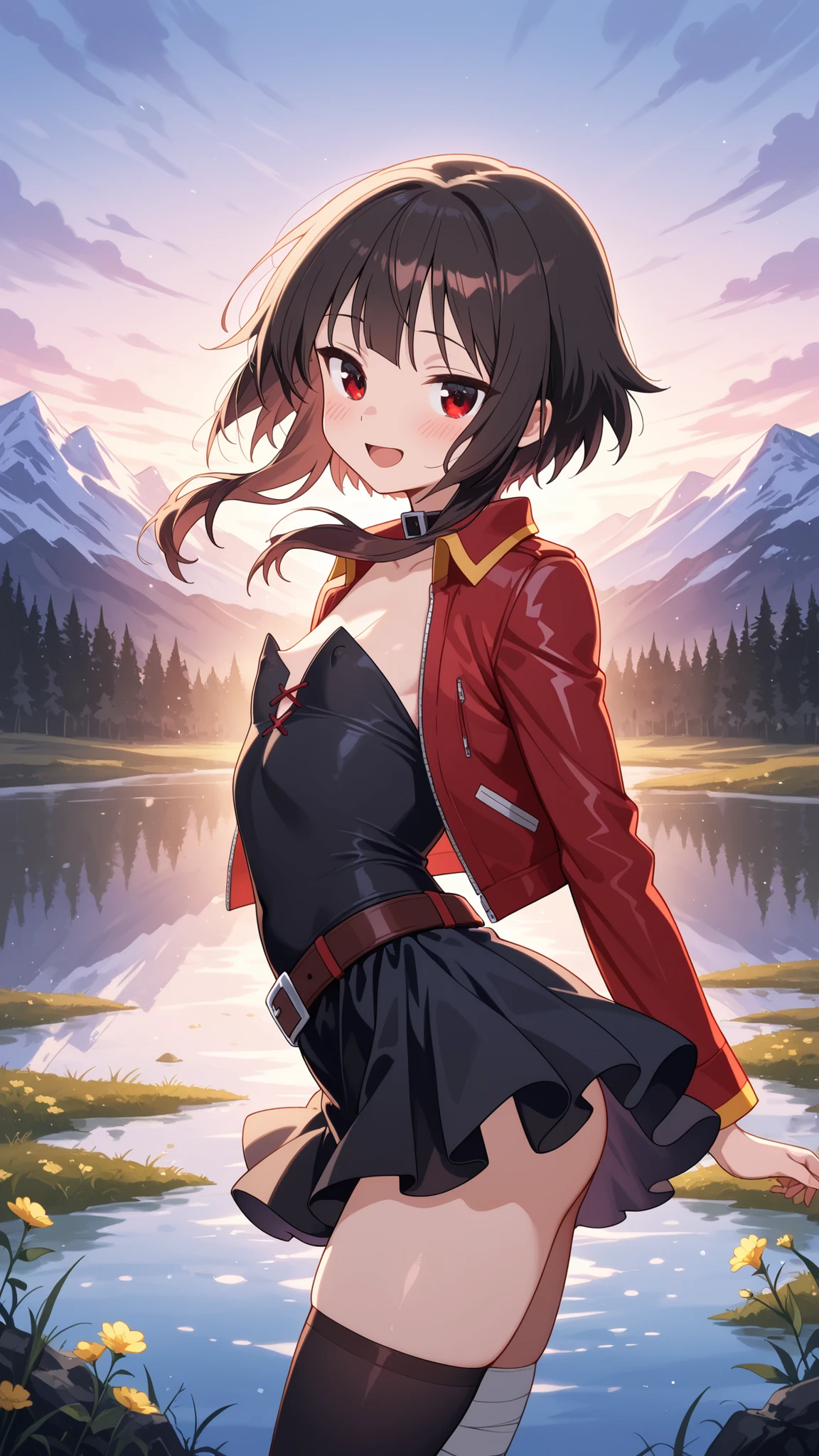 BREAK (masterpiece:1.2), best quality, high resolution, unity 8k wallpaper, (illustration:0.8), (beautiful detailed eyes:1.6),majestic alpine lake at sunrise, perfectly still water reflecting snow-covered mountains and pine forests, low mist drifting above the water’s surface, soft morning light painting the scene in pastel pink and gold, wildflowers and rocks along the shore, pure untouched nature, tranquil and cinematic, highly detailed landscape with natural textures, no peoplemegumin, short hair, black hair, red eyes, short hair with long locks,thighhighs,belt, black thighhighs,red leather jacket,open jacket,black short top,frilled mini skirt,black skirt,black chocker,strapless top,blush,looking at viewer,cowboy shot,alluring body curves, seductive expression,floating hair,smile,open mouth,arched back,berely vissible nipples through clothes,
