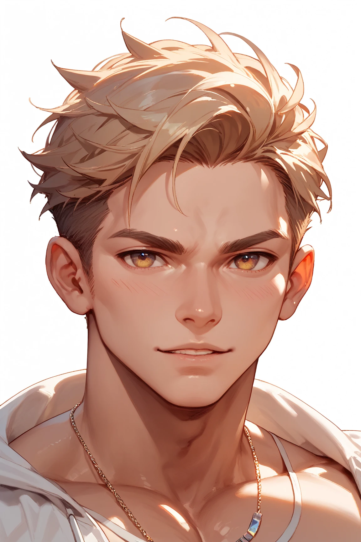 Animated realistic digital illustration of beautiful blonde girl mesmerizing blue eyes and loose straight hair and handsome black hair boy and amber eyes looking at her
