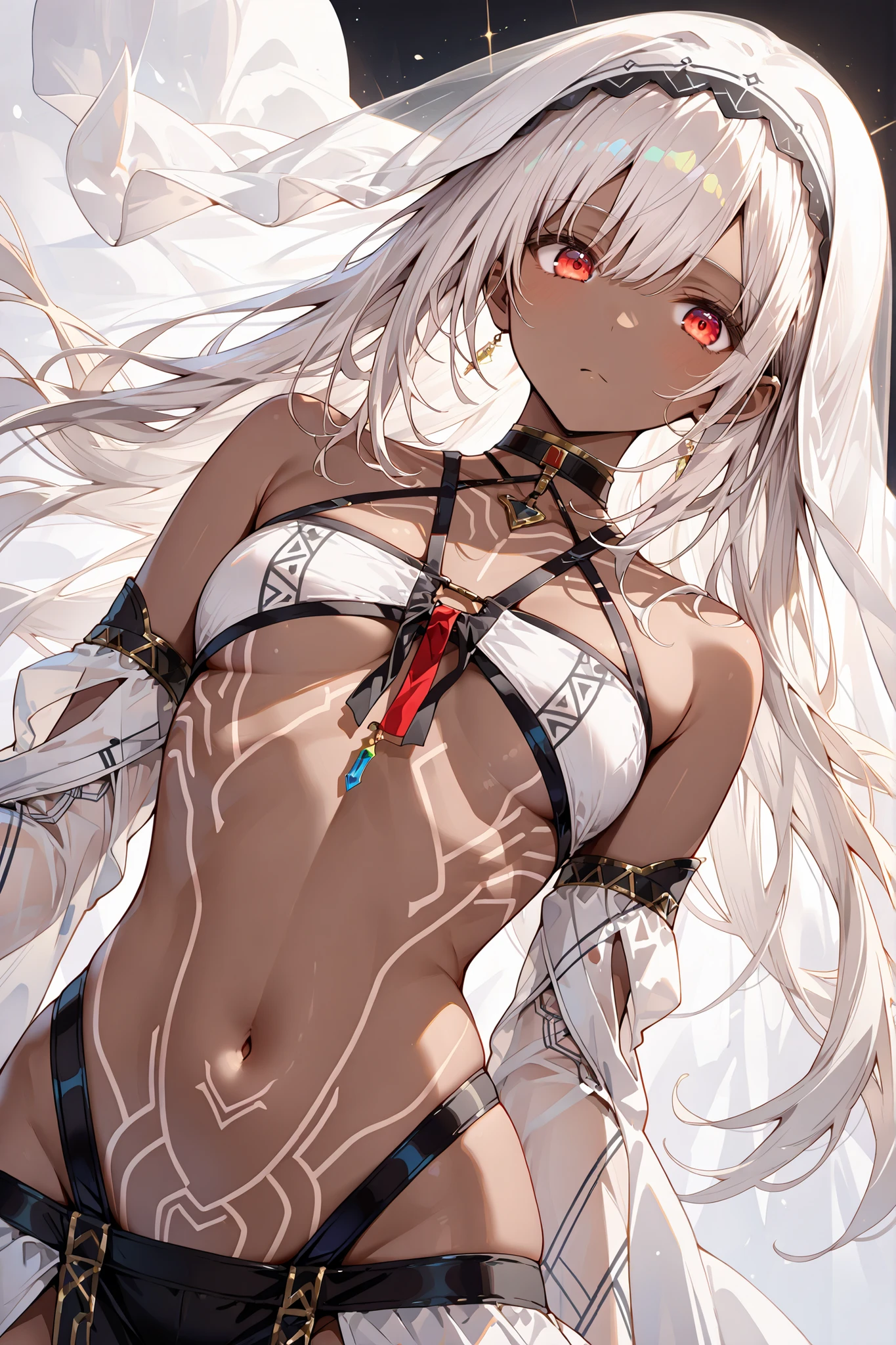 masterpiece,perfect anatomy,high resolution, ultra-detailed,beautiful detailed eyes,dutch angle,absurdres,alt3ra2nd, dark skin, full-body tattoo, white hair, veil, revealing clothes, detached sleeves, choker,  shoulders, stomach, midriff, navel,