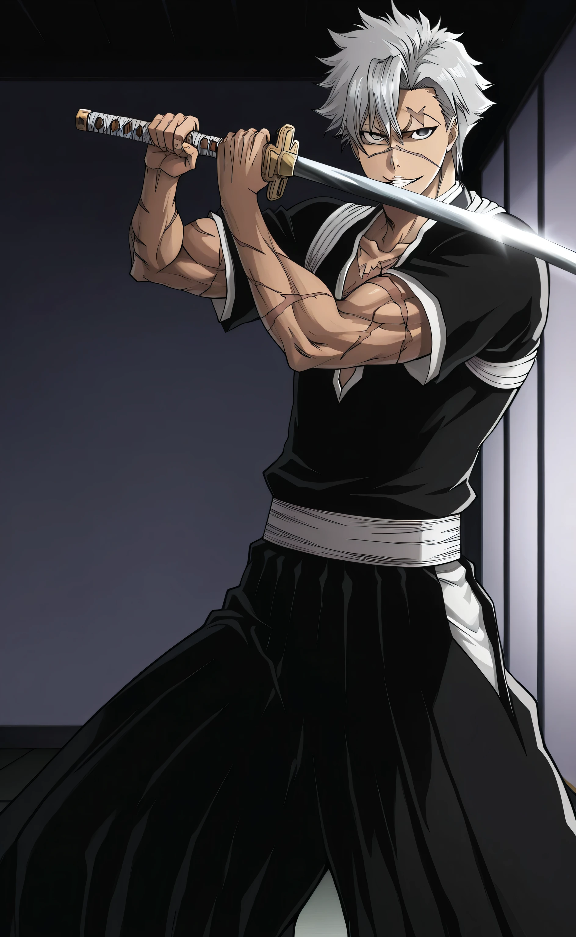 1male,solo,Sanemi Shinazugawa,short hair,silver hair,purplr eyes,evil grin,scar,black kosode,black hakama,muscle,katana,Sword Guard Stance,japanese room,Bleach Anime Style