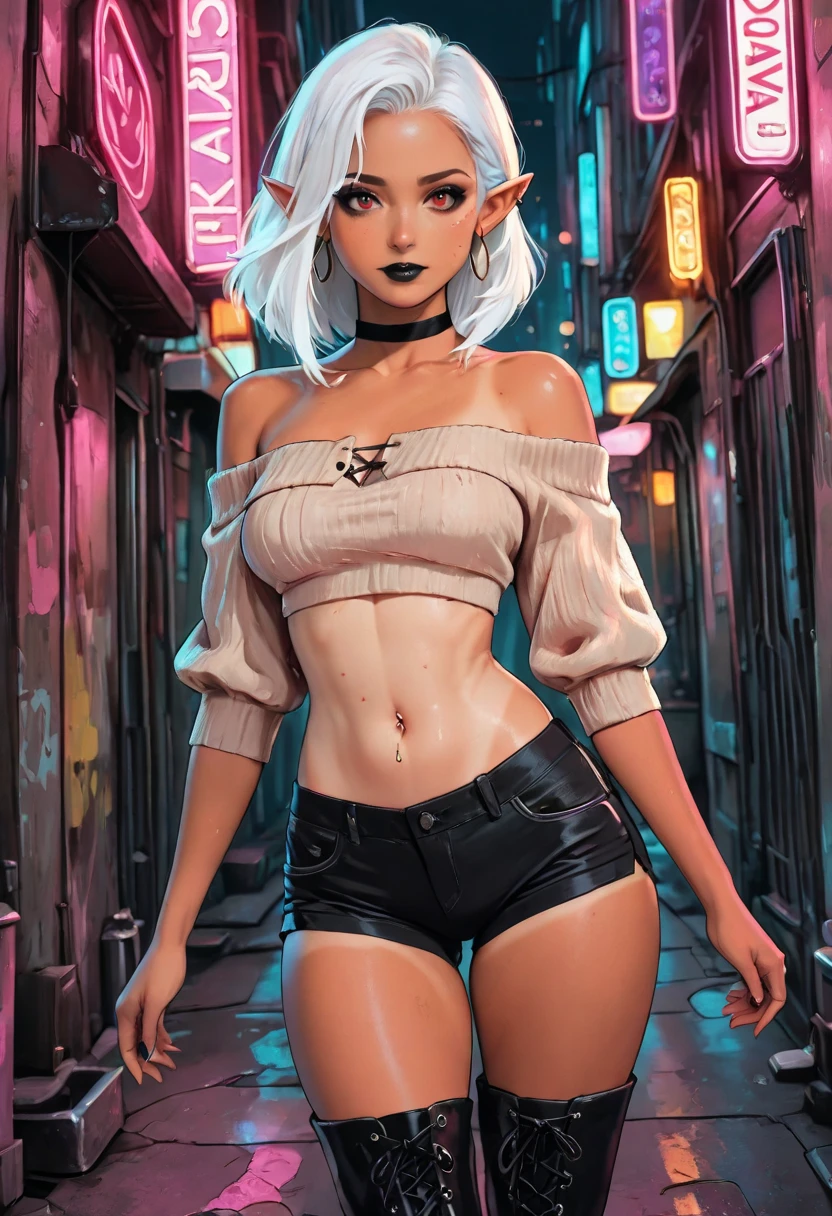 masterpiece, best quality, dark elf, elf ears, hoop earring, tan skin colors, white hair, medium hair, red eyes, black lips, black smoky makeup, beautiful face, beauty mark, medium , attractive body, casual look, cropped top, off-shoulder jacket, black choker, short pant, high-heeled boots, visible belly button, alluring glance, slender arms, black lace-up boots, confident expression, in cyberpunk city, futuristic, neon light, at the alley, cyberpunk fashionable attire, dutch angle, cowboy shot