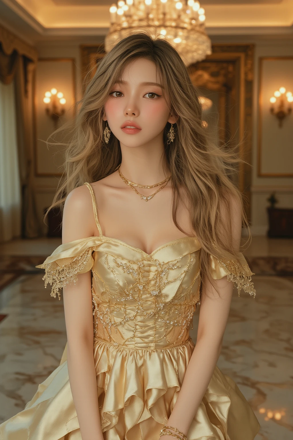 wearing wedding princess dress, staircase,handsome, skinny,professional lighting,far view, city, eyelines,gold necklace,rendered eyes,tall body,adult woman,hair ornament,instagram most viewed,official wallpaper, official art,(kpop idol), half-closed eyes,((photorealistic painting art by midjourney and greg rutkowski)),((supermodel)),