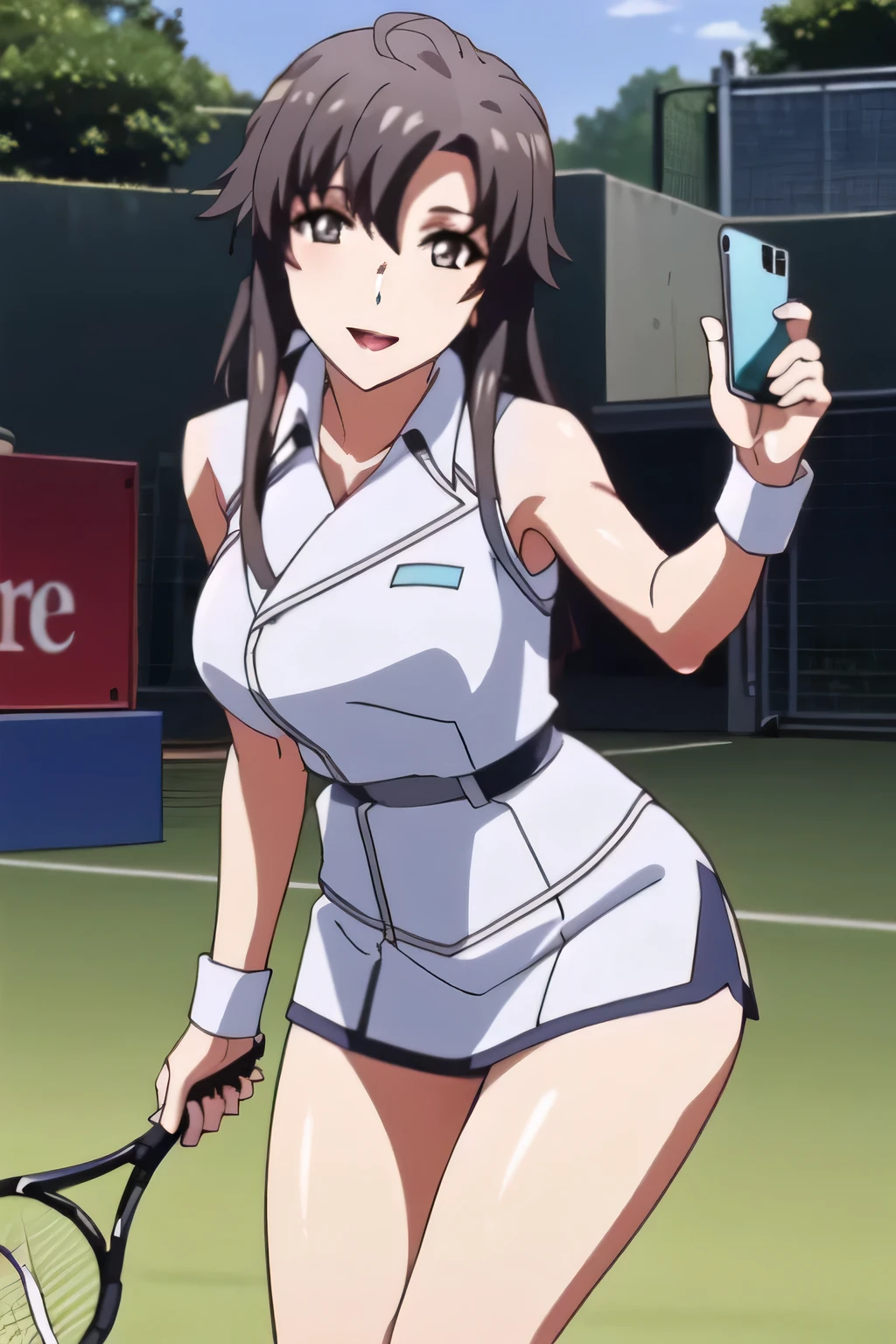 Long-Haired Woman with Dark Hair,,smiling Yang,Can you draw sleeveless giant chest tennis wear tops and bottoms that don't trim the face to the top of the head,,smiling Yangのyang,,表情がTop Prioritiesです, 笑顔でテニスを楽しむ長いLong-Haired Woman with Dark Hair,ノースリーブの巨大な胸のテニスウェアのトップスとボトムスを描けますか,white big breasted tennis suit,white pleated miniskirt,Bareleg,Sneakers,I'm alone on a tennis court in fine weather,、顔の表情がTop Prioritiesであるため、Face where the chest is connected to the face!,,Do not cut、,Beautiful legs,,,Top Priorities、 maintain a continuous expression ,, ,Breasts Hidden in Costumes、, ,Beautiful legs,amazing thighs taking selfies in the mirror , beautiful woman with big boobs,,,Big breasts are top priority, So ,Beautiful legs,,, , can you draw the details of her hands and legs more accurately,
