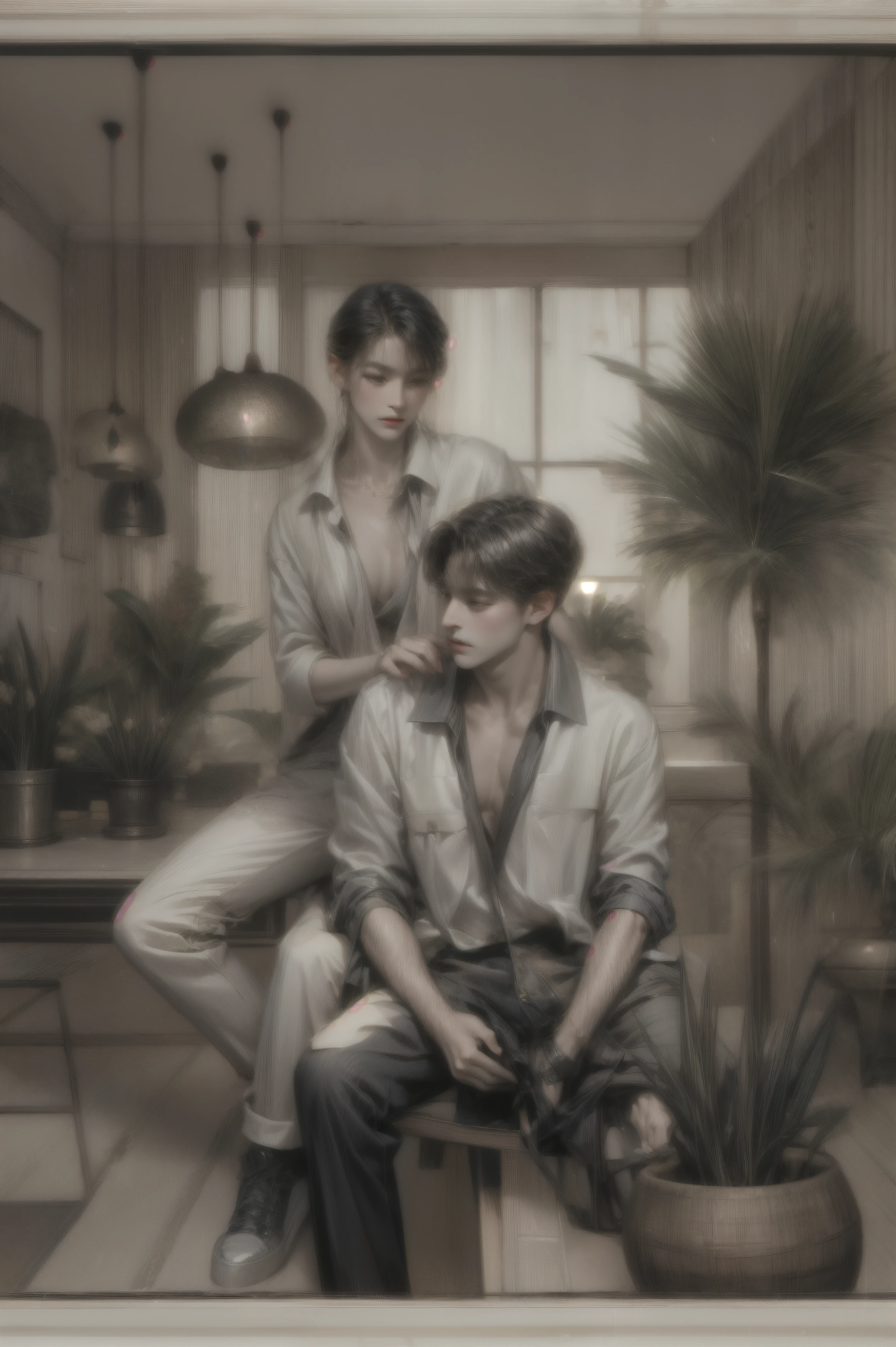 Two individuals are positioned in a contemporary, tastefully decorated indoor space, surrounded by lush greenery. The room is filled with natural light streaming through large windows, highlighting the muted, earthy tones of the interior. Both people are dressed casually, wearing loose, light-colored shirts with sleeves rolled up, paired with dark trousers and sneakers, suggesting a relaxed atmosphere. The overall color palette of the scene is soft and pastel, enhancing the tranquil mood. A variety of potted plants, including large palms and assorted foliage, add vibrancy and life to the setting. Modern pendant lights hang from the ceiling, contributing to the chic and stylish design. The composition of the image emphasizes harmony and calmness, inviting viewers to appreciate the subtle beauty of the environment and the understated yet effective use of botanical elements in the decor.((masterpiece)), ((quality)), ((Best quality)), ((official art)),subsurface scattering,hudini,hdr,ambiant occlusion,Depth-of-field,Maximum clarity and sharpness,Multi-layered textures,PBR Texturing, Post-processing, Anisotropic Filtering, Depth-of-field, Maximum clarity and sharpness, Multi-layered textures, Albedo and Specular maps, Surface shading,Ray Tracing, NVIDIA RTX, Super-Resolution, Unreal 5, Accurate simulation of light-material interaction, Perfect proportions, Octane Render, Two-tone lighting, Wide aperture, Low ISO, White balance, Rule of thirds,Alphonse Mucha, Asian Painting, hwasanchiun, J.C. Leyendecker, Audrey Kawasaki,cyanparade kidchan,artgerm,sakimichan,maggi harem,james jean,akihiko yoshida,nocchi,kuri huang,janaschi,Jo chen,meisanmui