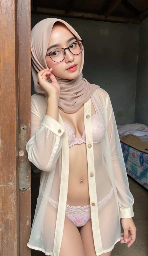Portrait photo of a young malay girl, (laughing:0.7), (mira filzah face), malaysian, nerd, glasses, posing, look at a camera, small breast, small tits, flat chest, skinny, full body, black hijab, blue pastel cute cotton bra and panties, wearing pastel bluefloral cotton underwear, camel toe, night market background, backlit, (cinematic:1.5), epic realistic, hyperdetailed, detailed skin texture, camel toe, mole below eye, insane details, intricate details, accent lighting, soft volumetric light, bokeh, (dramatic light:1.2), (neutral colors:1.3), cross process, night busy market background, (((from bottom)))), dark room, foreshortening, (seductive pose), looking at the viewer, smiling, blackcutoffs, (eye contact),