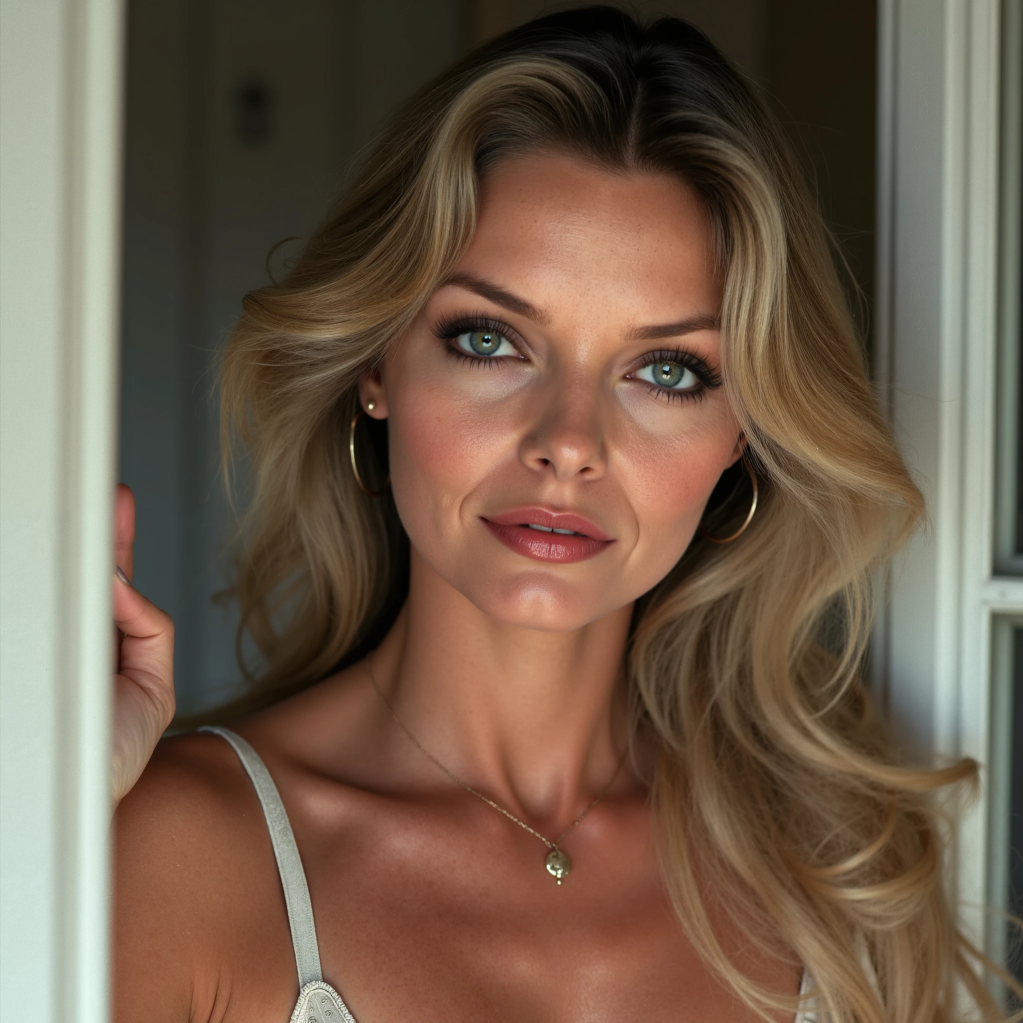 A professional photo of Michelle Pfeiffer, professional lighting. The photo features a beautifully detailed face with captivating eyes and a serene expression. The image showcases her natural beauty, focusing on her flawless skin and delicate features. The lighting enhances her features, creating a soft interplay of light and shadow, while the high-resolution quality captures every detail with realistic clarity. She has a white lingerie on. She is leaning at the wall. Her hair is styled in an intricate and unique fashion, adding to her ethereal and timeless aura, (pale skin), detailed skin, detailed face, (wavy blonde hair), (Michelle Pfeiffer), small bosom, high quality perfect finger