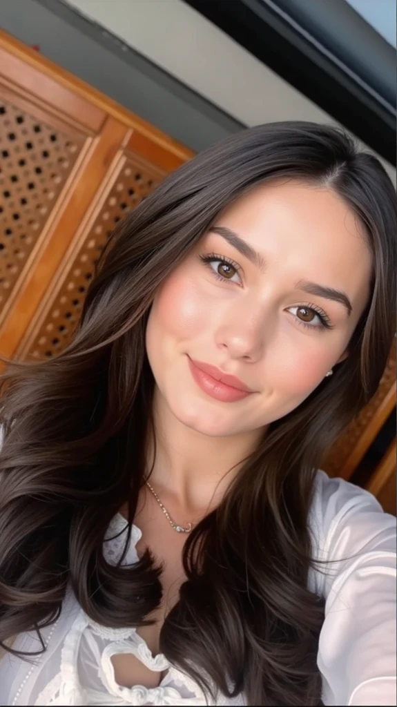 mujer con piel  morena, con labios gruesos, alta resolucion, de cuerpo entero, con un tapado blanco, de fondo en bariloche, de noche