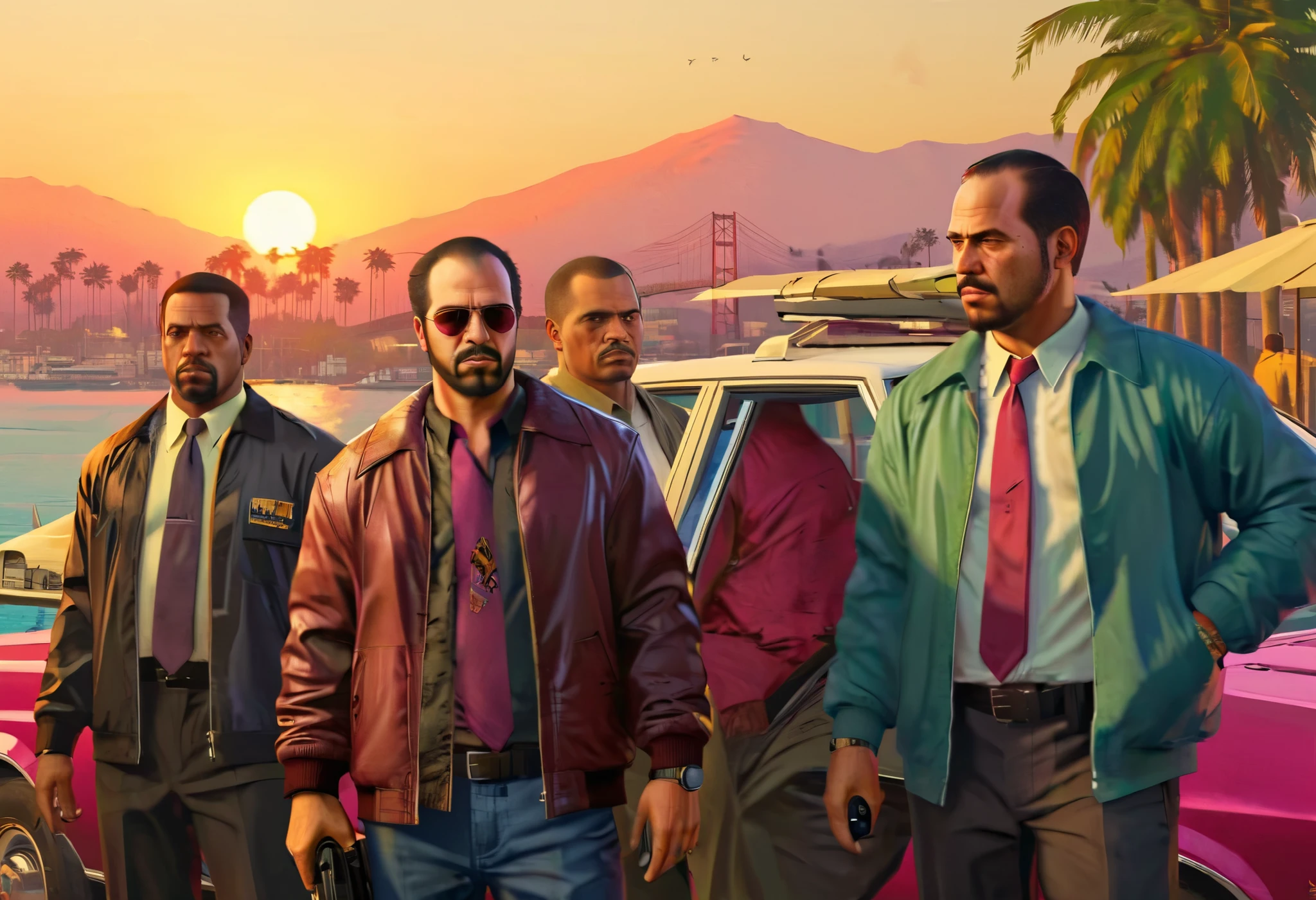 GTA Vice City loading screen style, A group of gangsters, platinum jewelry, diamond rings, in a luxury hotel lobby, sunset, arrogant posture, beautiful watches, high degree of detail digital painting, concept art, smoother , keskin odak, HDR , beautifully drawn, simetrik, Illustration, professional ominous concept art, highly detailed digital painting by artgerm and gregor rutkowski, complicated, Zarif, high degree of detail digital painting, concept art, smoother , keskin odak, Illustration, simon stalenhag style, Cosmic Unity , ve igor kieryluk.