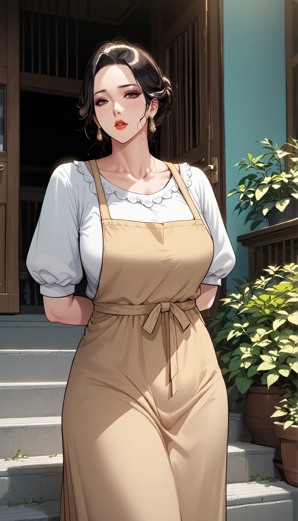 Score_9, Score_8_up, Score_7_up, Source_anime, anime art, anime style, very aesthetic, masterpiece, high quality, cool character, mature woman, milf, ,    ,  ami , Ami (queen bee manhwa)  ,black  house wife , normal outfit, apron over dress,