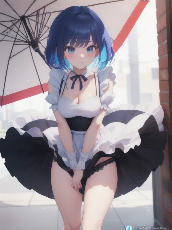 (8K、Highest quality、highest quality、masterpiece)、Detailed face、One girl、Rem from Re:Zero、Light blue hair 、short hair、twintails、blunt bangs、Grey Eyes、evil smile、((Grin))、((Maid clothes))、((White panties))、((bent over))、Back Alley Background、Very large breasts、Nipples are visible、、Black Pantyhose