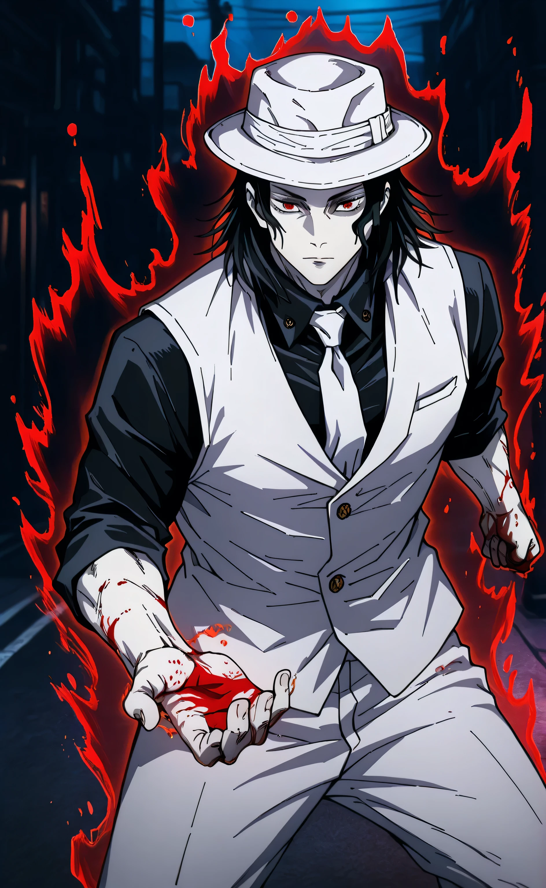 1male,solo,Muzan Kibutsuji,medium hair,black hair,red eyes,serious,pale skin,black shirt,white necktie,white vest,white pants fedora hat,blood on hand,claw,Aura,muscle,japanese street,night,Jujutsu Kaisen Style