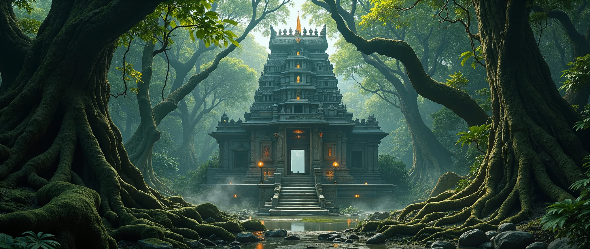 “An ultra-realistic cinematic photoshoot of a majestic Hindu temple deep inside a dark mystical forest. The temple is built in traditional South Indian style with intricate stone carvings, towering gopuram, and detailed sculptures of gods and sacred symbols.
The temple rises from a rocky elevated ground, partly covered in moss and vines, surrounded by dense ancient trees with twisted roots and branches that create a shadowy canopy. A swamp with still, reflective water lies nearby, with scattered rocks and mist creeping across the ground, adding an eerie and divine atmosphere.
At the top of the temple tower, a saffron flag flutters proudly, glowing in the faint sunlight that pierces through the dark forest canopy. The stone steps leading to the temple are aged and covered in moss, with oil lamps casting a warm golden glow amidst the shadows.
The scene is captured in ultra-realistic cinematic style, with dramatic contrast between light and darkness, sharp details in textures (stone, wood, water, and fabric), and a mystical aura that makes the temple look both divine and otherworldly.”
