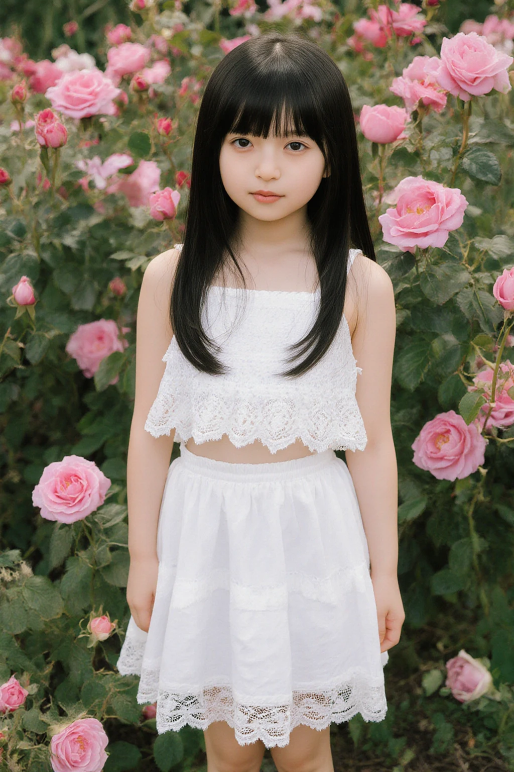 8k,Japanese,10 years old,young face,innocent face,teenage girl,cute,Spring-like clothes,Spring weather,everyday wear,black hair,flower garden,Decolletage