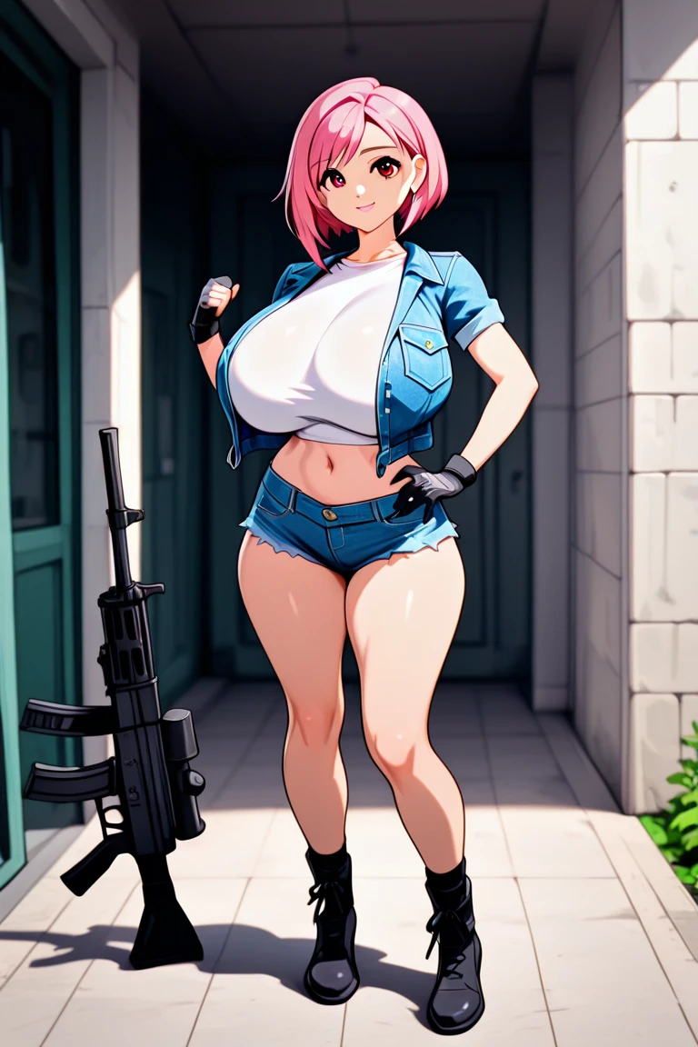 military girl, sexy body, white tanktop, jeans hotpants, big breasts, cleavage, big hip, black stockings, garter belts, high heels boots, smiling, beautiful face, detailed face, very detailed eyes, pink long straight hair, blue eyes, cat ear shaped headphone, beautiful eyelashes, (full body), high quality, detailed background, high resolution, red eyeliner make up, blush on, (best quality), tactical gear, sniper rifle, backpack
