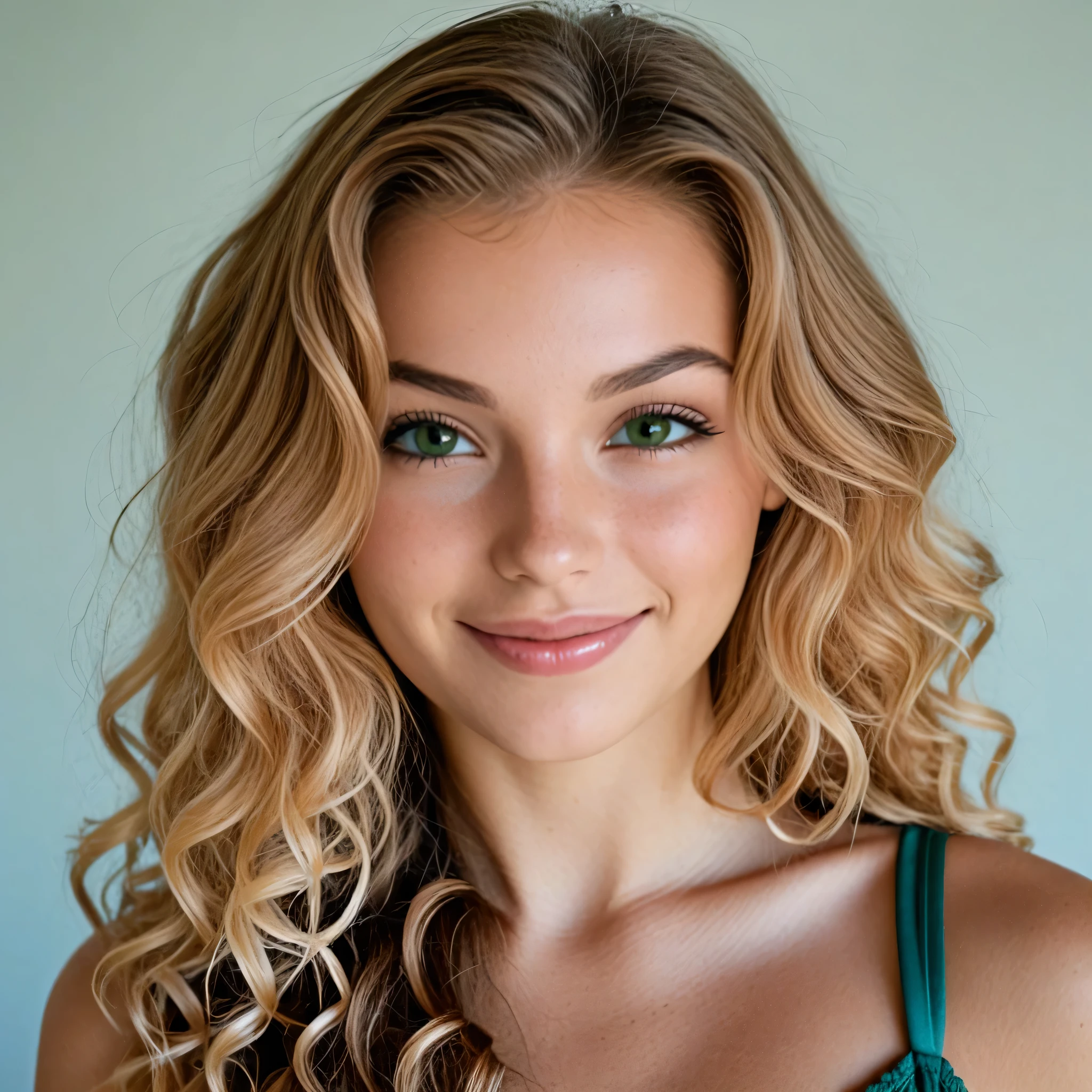 Realistic young woman, 25 years old, italian style, very realistic, clear, vivid eye color (e.g., emerald green), symmetrical face, model face, modern photography, long light pink curly hair, athletic figure, full breasts, lightly tanned skin, friendly smile with dimples, relaxed open gaze, beautiful curved lips in natural color, loose beautiful blouse in light blue, portrait vertical format, studio or daylight, UHD, high detail, sharp focus, natural background, profile foto, front, open mouth, thounge