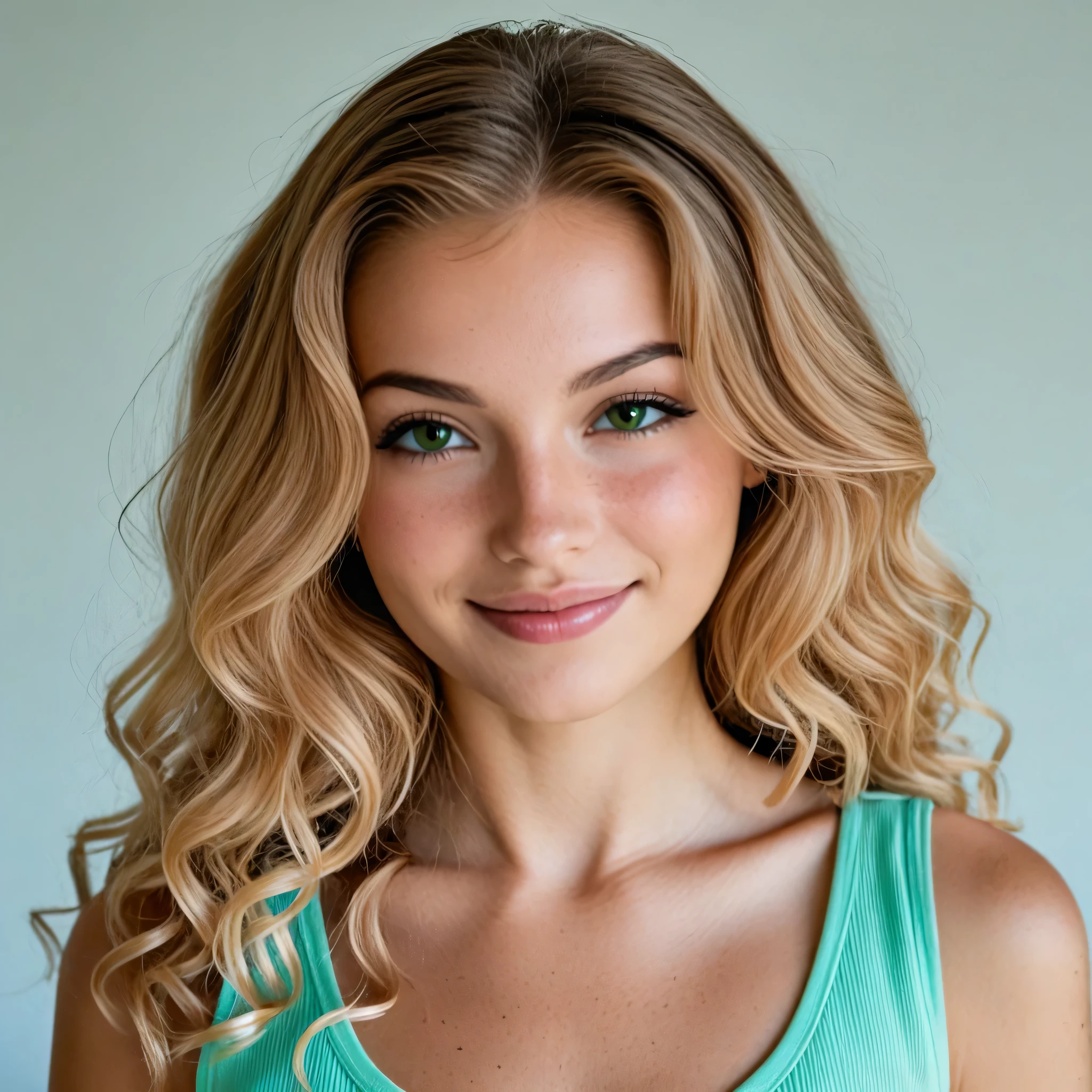 Realistic young woman, 25 years old, italian style, very realistic, clear, vivid eye color (e.g., emerald green), symmetrical face, model face, modern photography, long light pink curly hair, athletic figure, full breasts, lightly tanned skin, friendly smile with dimples, relaxed open gaze, beautiful curved lips in natural color, loose beautiful blouse in light blue, portrait vertical format, studio or daylight, UHD, high detail, sharp focus, natural background, profile foto, front