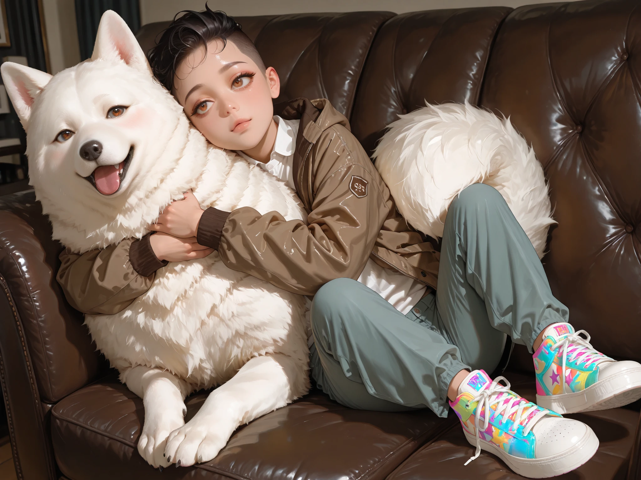 Sitting handsome anime red and white haired boy, wearing pullover jacket with a name "Zoia" in it, carrying a cat in his lap