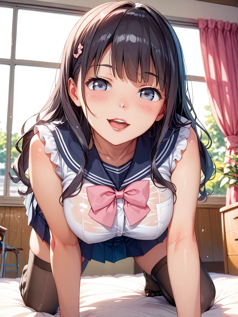 A woman is pushed onto a bed、Has a shy look on his face, On my back, Wear a sailor uniform, I can see your chest, Lifting up skirts for sex, I can see your pants, Normal position, Sexy face,throw, Open your mouth wide and shout, Blushing,