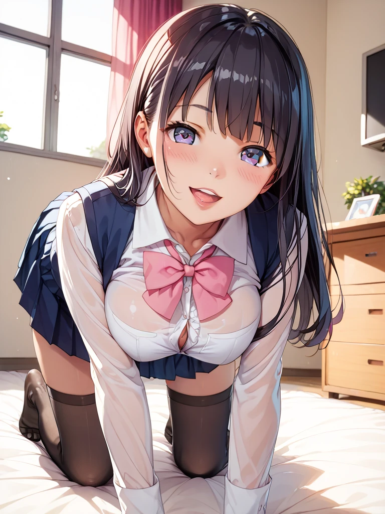 Minamimatsuura, Kanan Matsuura, Blue hair, Long hair, Ponytail, (Purple eyes:1.1), side locks, Blake Aquaneckerchief, grey sailor collar, grey skirt, Miniskirt, neckerchief, Pleated skirt, Sailor collar, sailor shirt, , serafuku, Shirt, Skirt, Summer uniform, uranohoshi , White shirt,Naughty big、large full breasts、BREAK looking at viewer, BREAK (masutepiece:1.2), Best Quality, High resolution, Unity 8k Wallpaper, (Illustration:0.8 (Beautiful detailed eyes:1.6 extra detailed face, Perfect Lighting, extremely details CG, (Perfect hands, Perfect Anatomy),A smile、(Skirt lift:1.3 (pink panty:1.3)、(Skirt that rolls up:1.3)、(Fully exposed panties:1.5)、outside of house、plein air、
